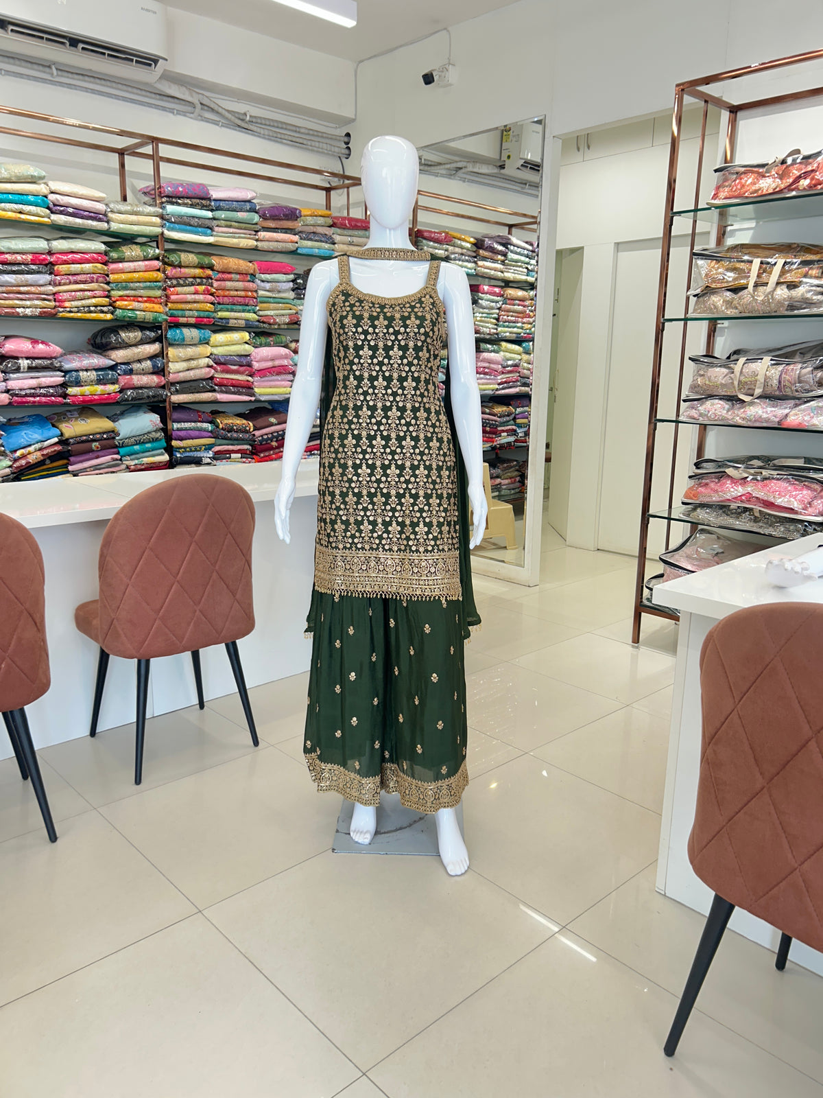 Green Chinnon Sharara Suit