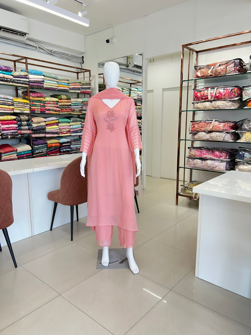 Soft Peach Chinnon A-Line Suit