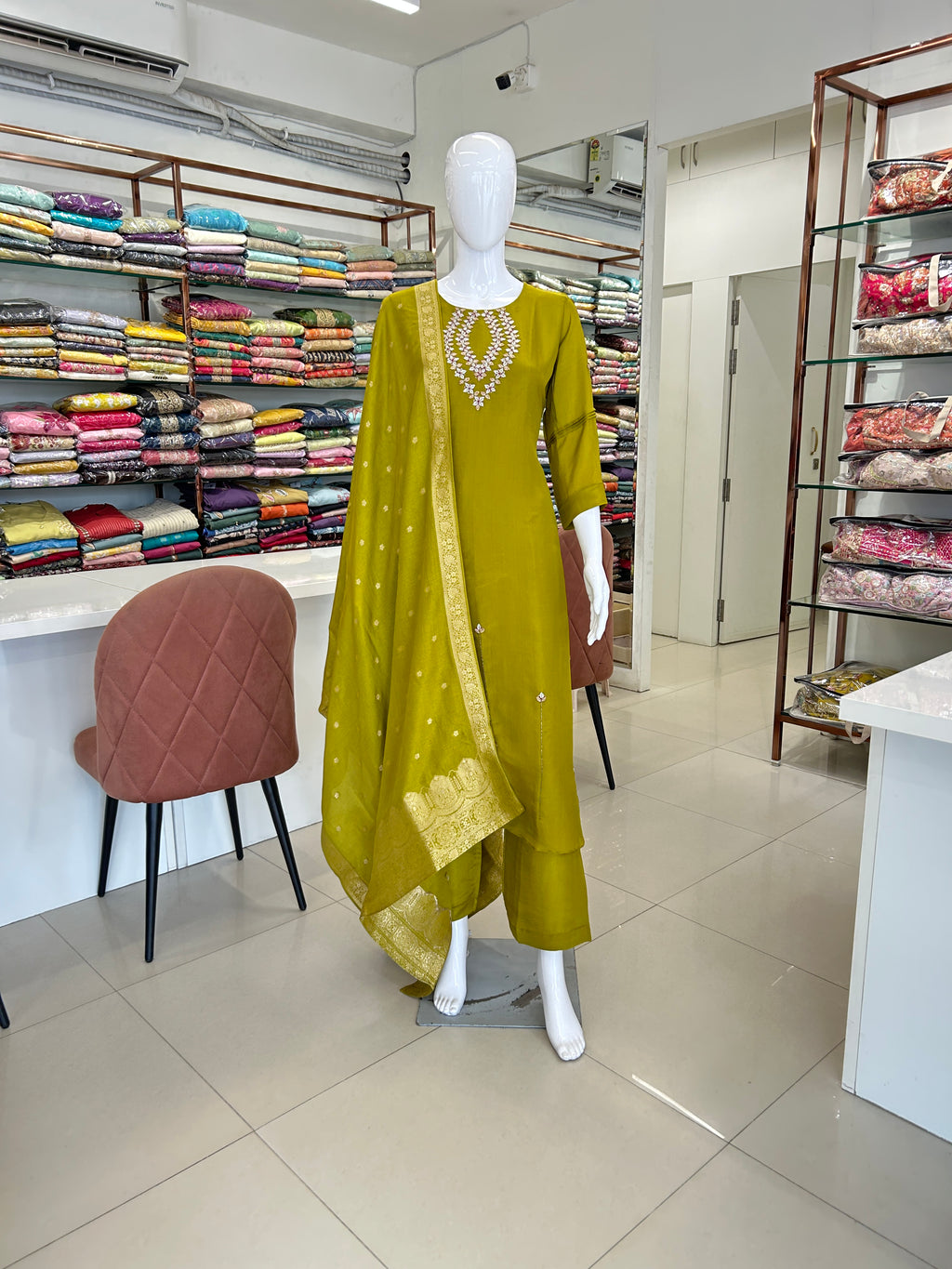 Olive Green Tissue Kurti Suit With Zardozi Work