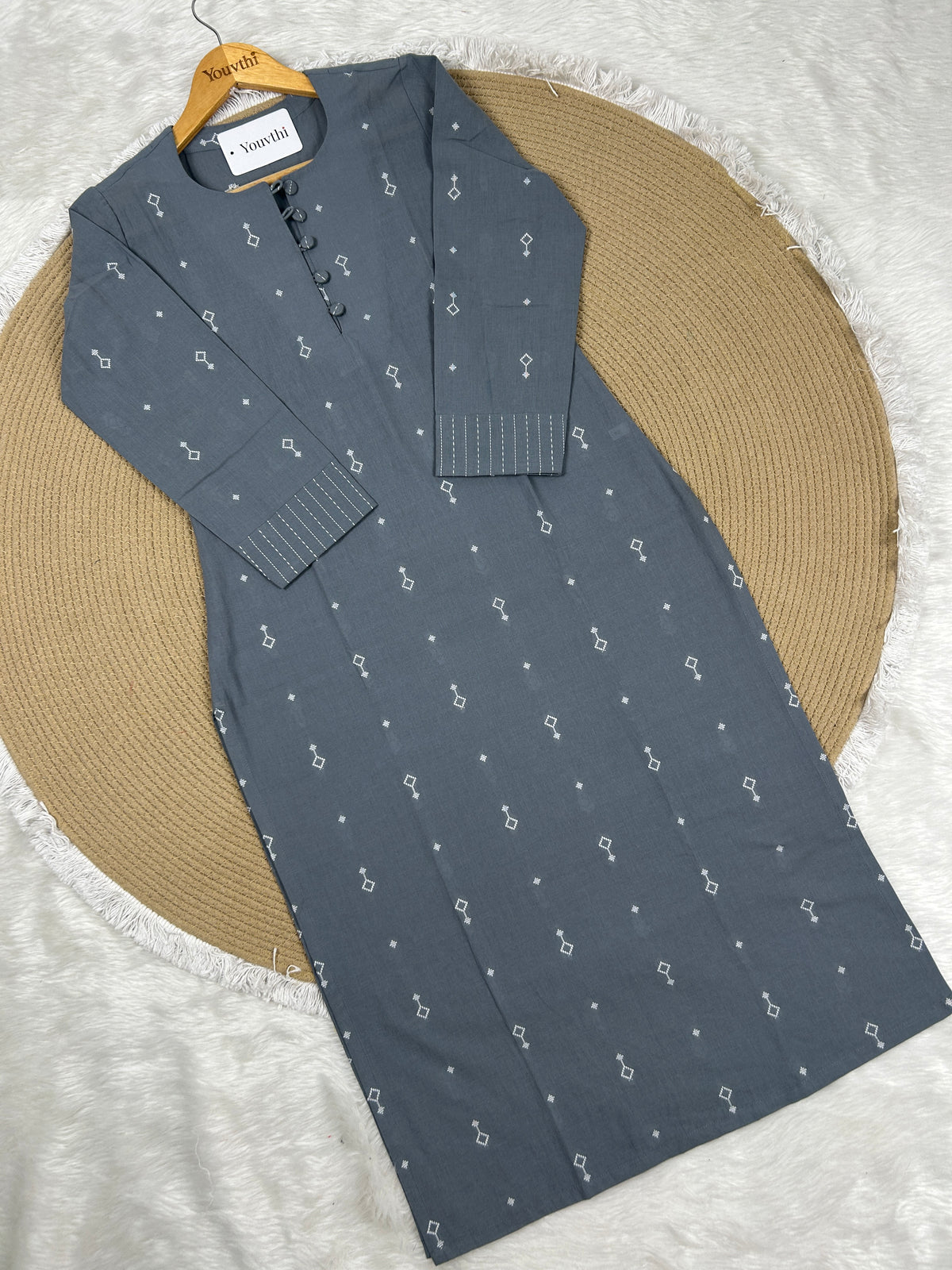 Grey Cotton Straight Cut Kurti Set