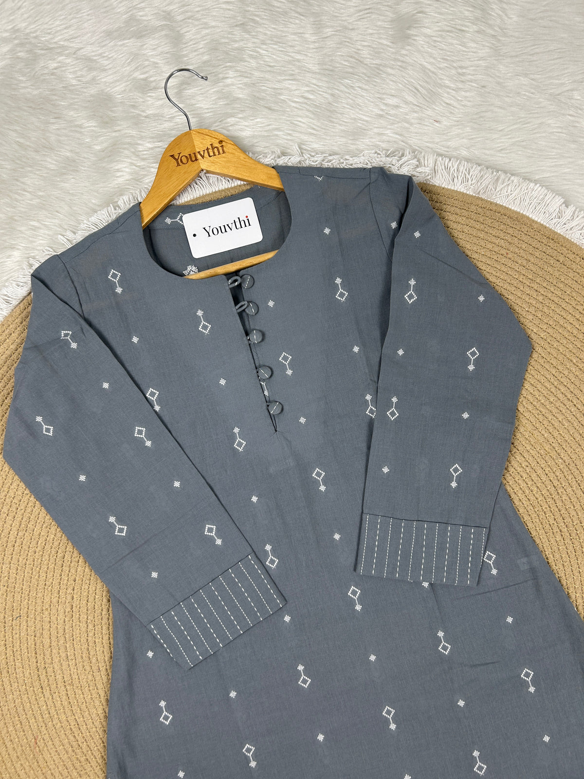 Grey Cotton Straight Cut Kurti Set