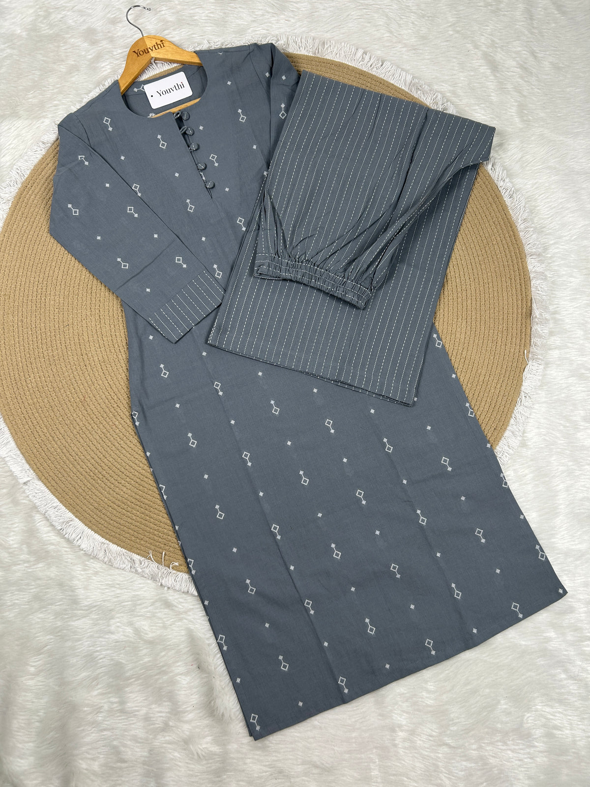 Grey Cotton Straight Cut Kurti Set
