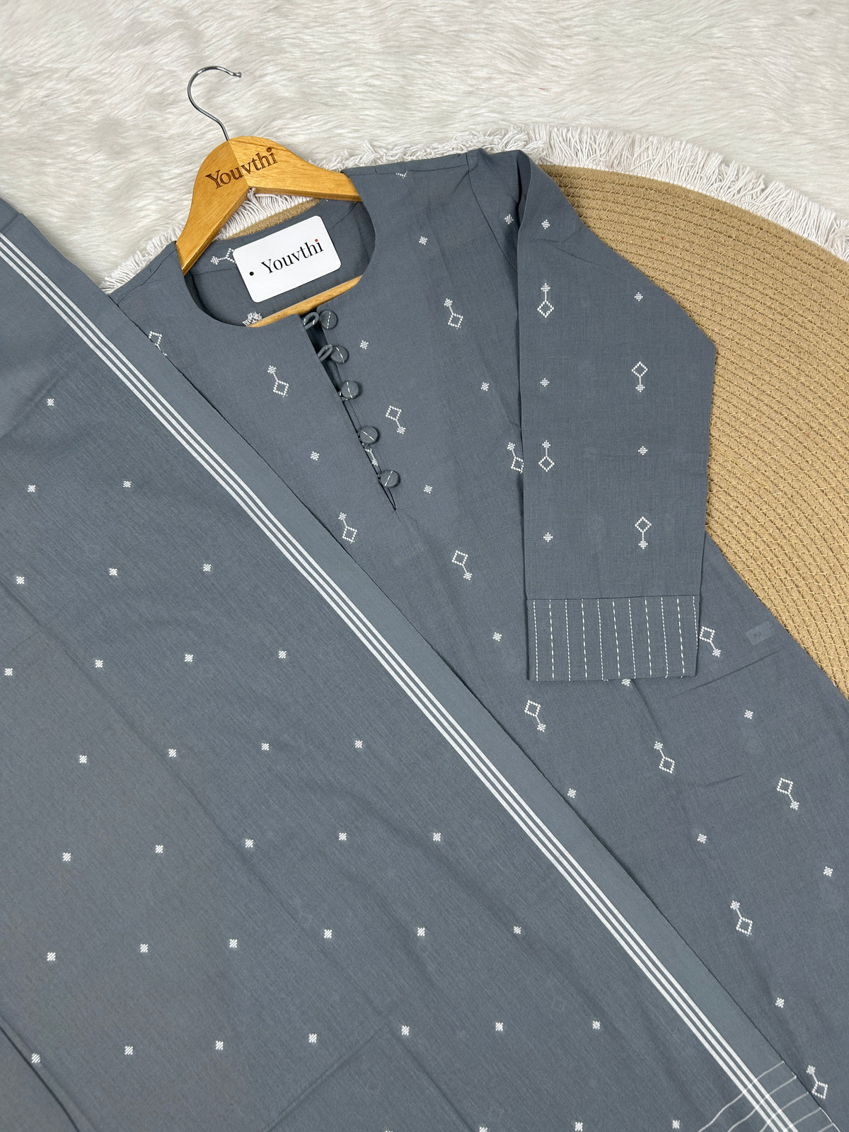 Grey Cotton Straight Cut Kurti Set