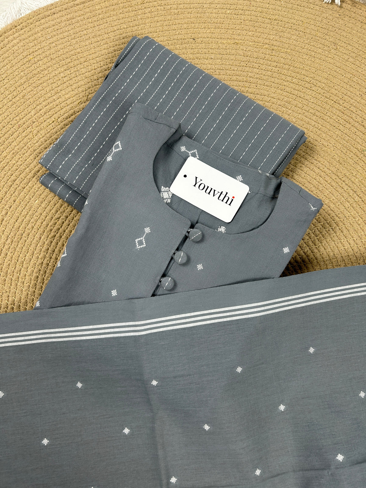 Grey Cotton Straight Cut Kurti Set