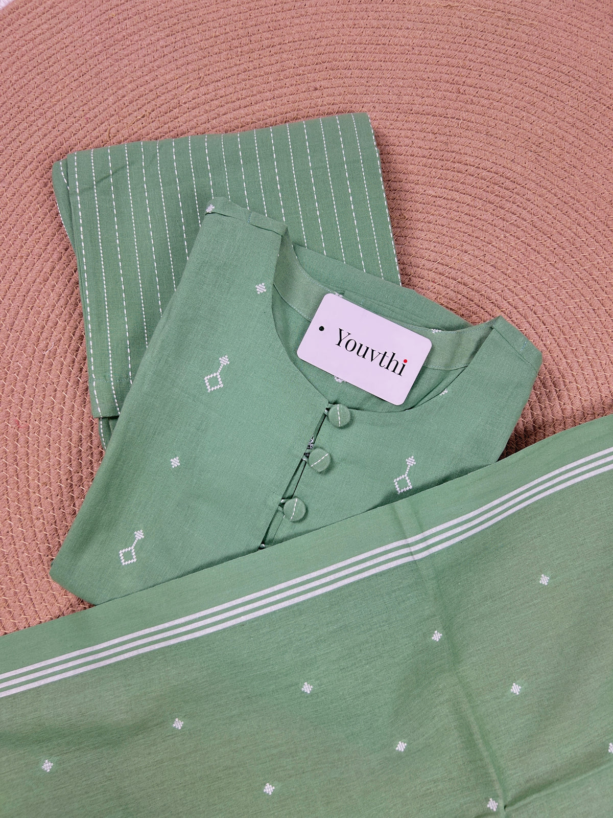 Green Cotton Straight Cut Kurti Set