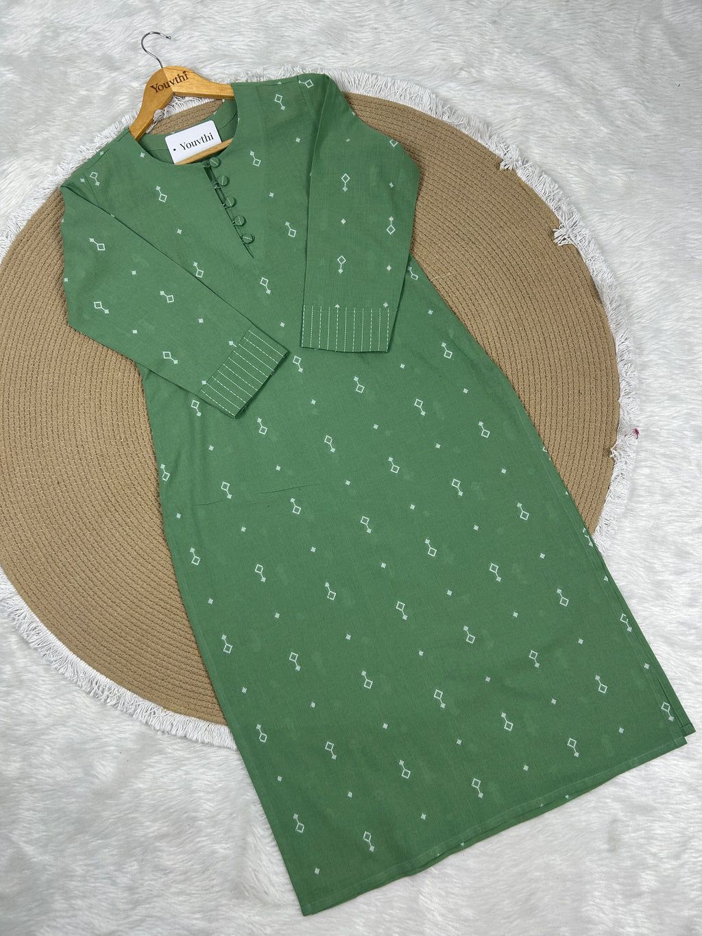 Green Cotton Straight Cut Kurti Set