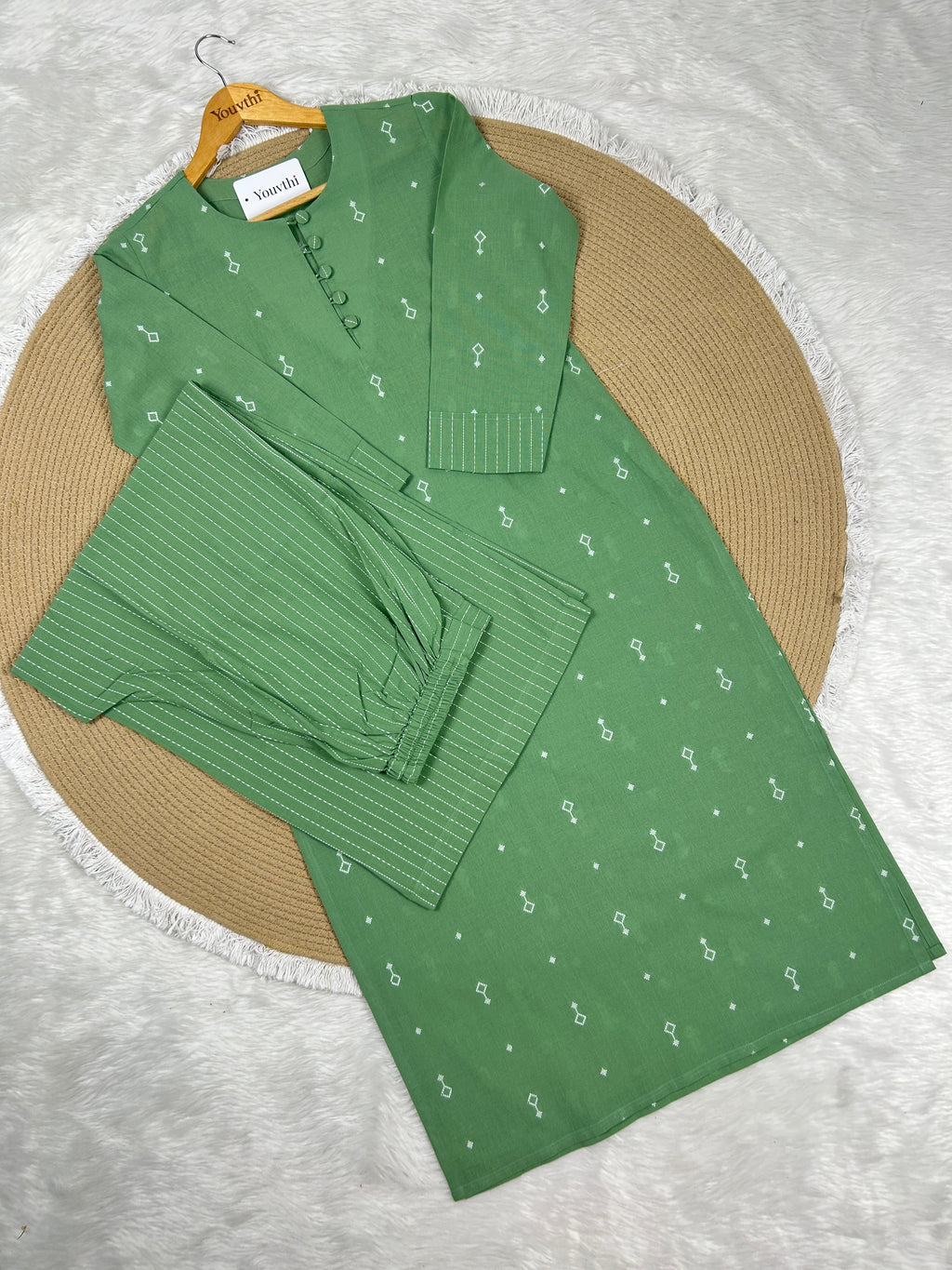 Green Cotton Straight Cut Kurti Set