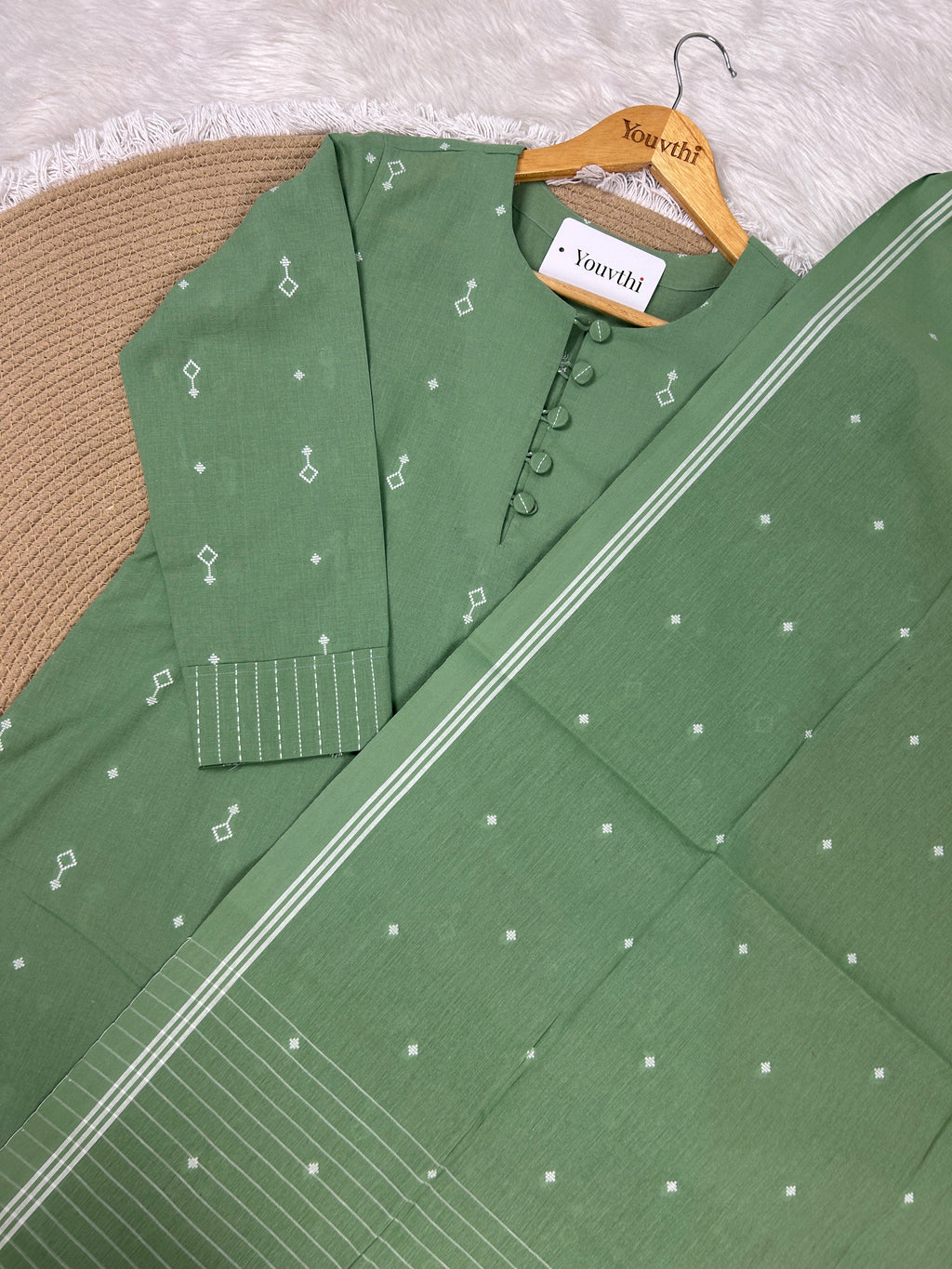 Green Cotton Straight Cut Kurti Set