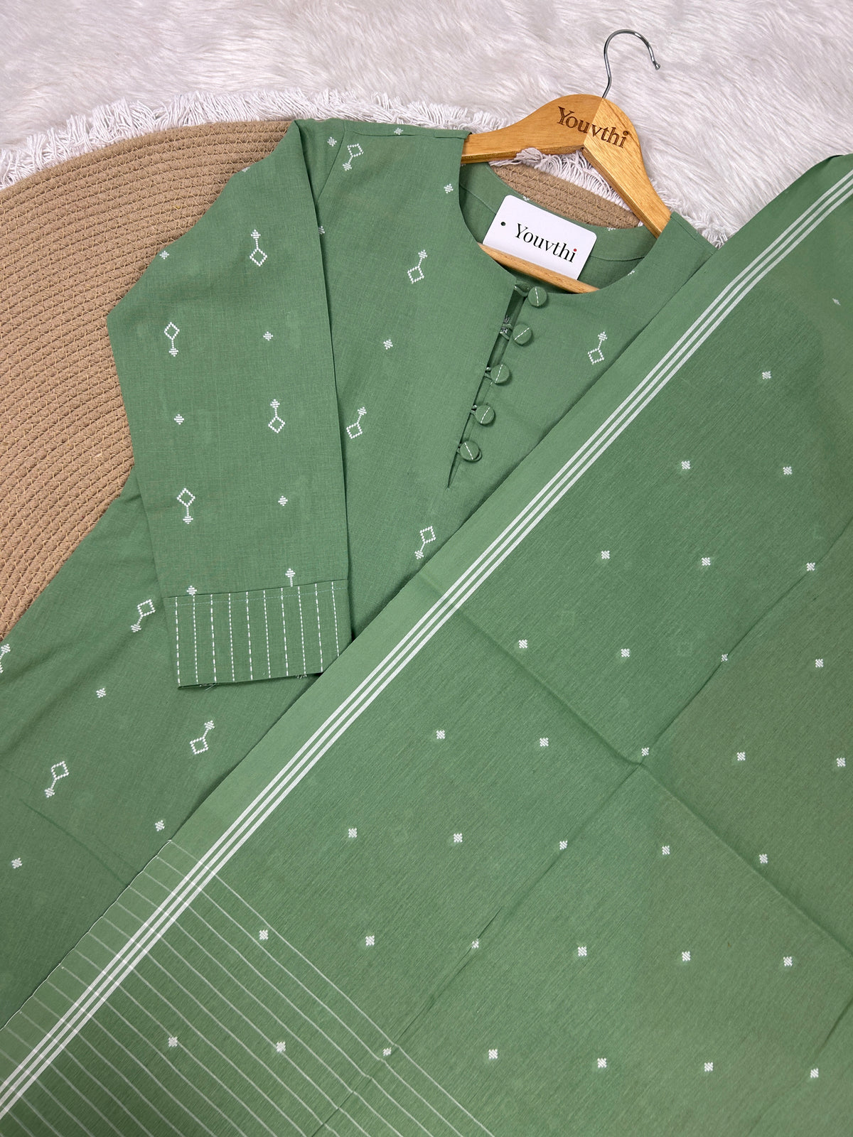Green Cotton Straight Cut Kurti Set