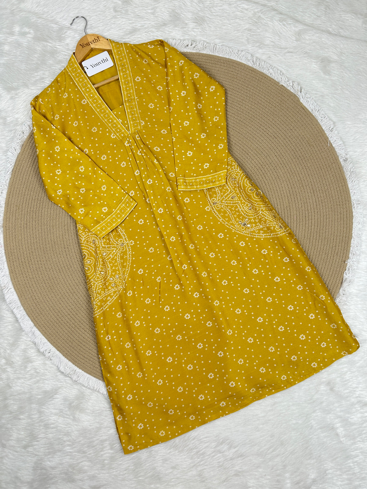 Mustard Bandhini Printed Aline Suit