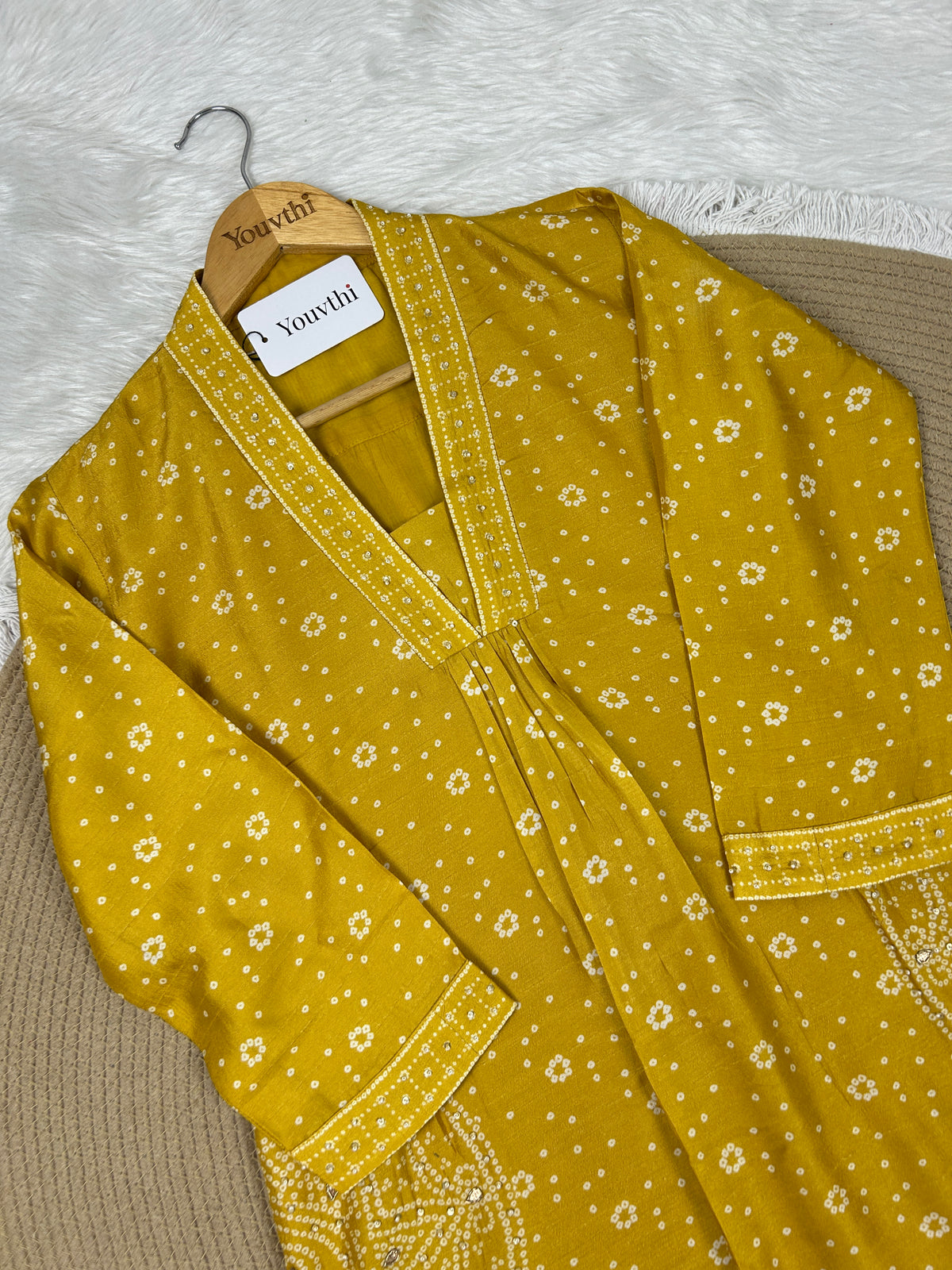 Mustard Bandhini Printed Aline Suit
