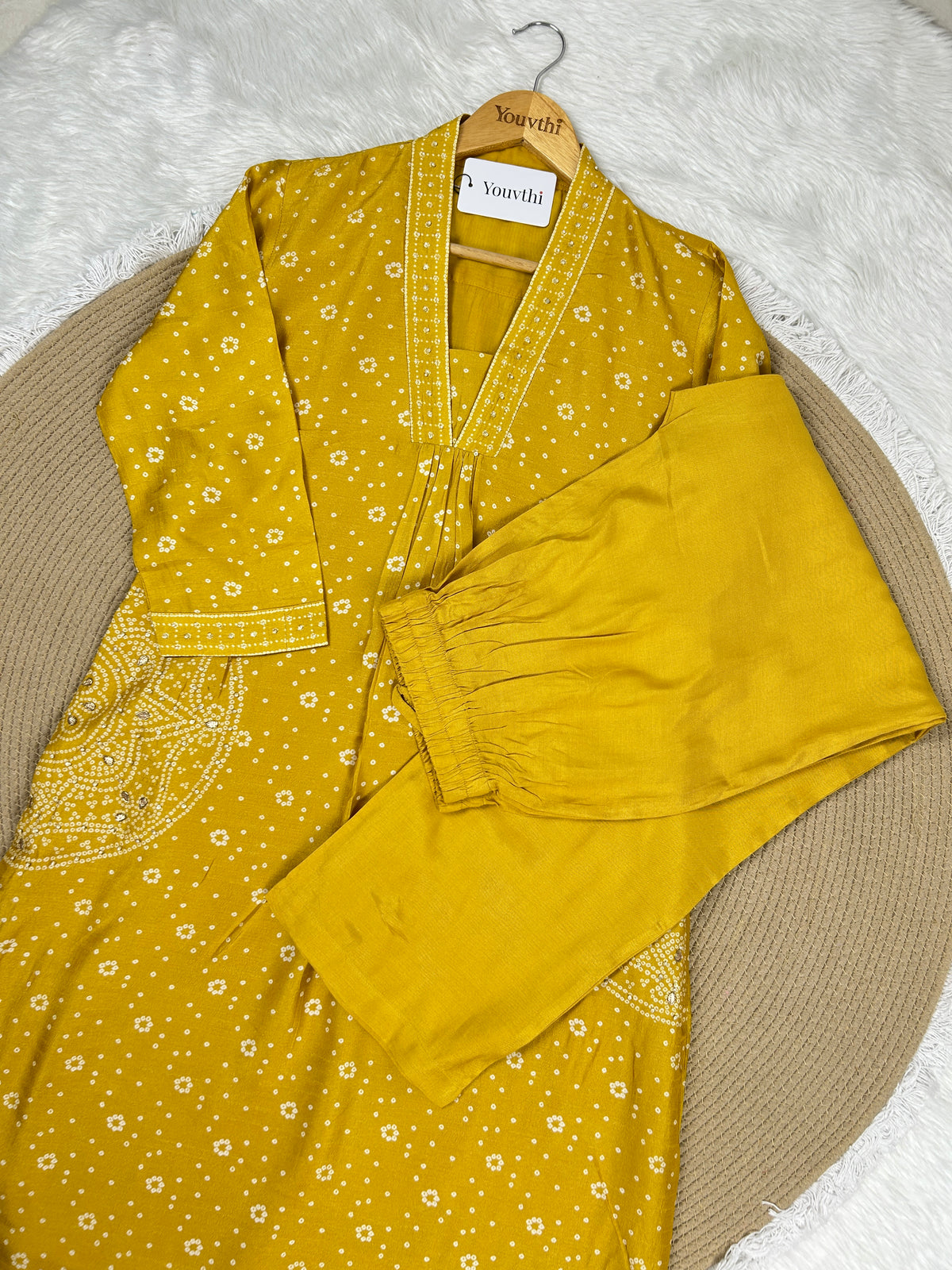 Mustard Bandhini Printed Aline Suit