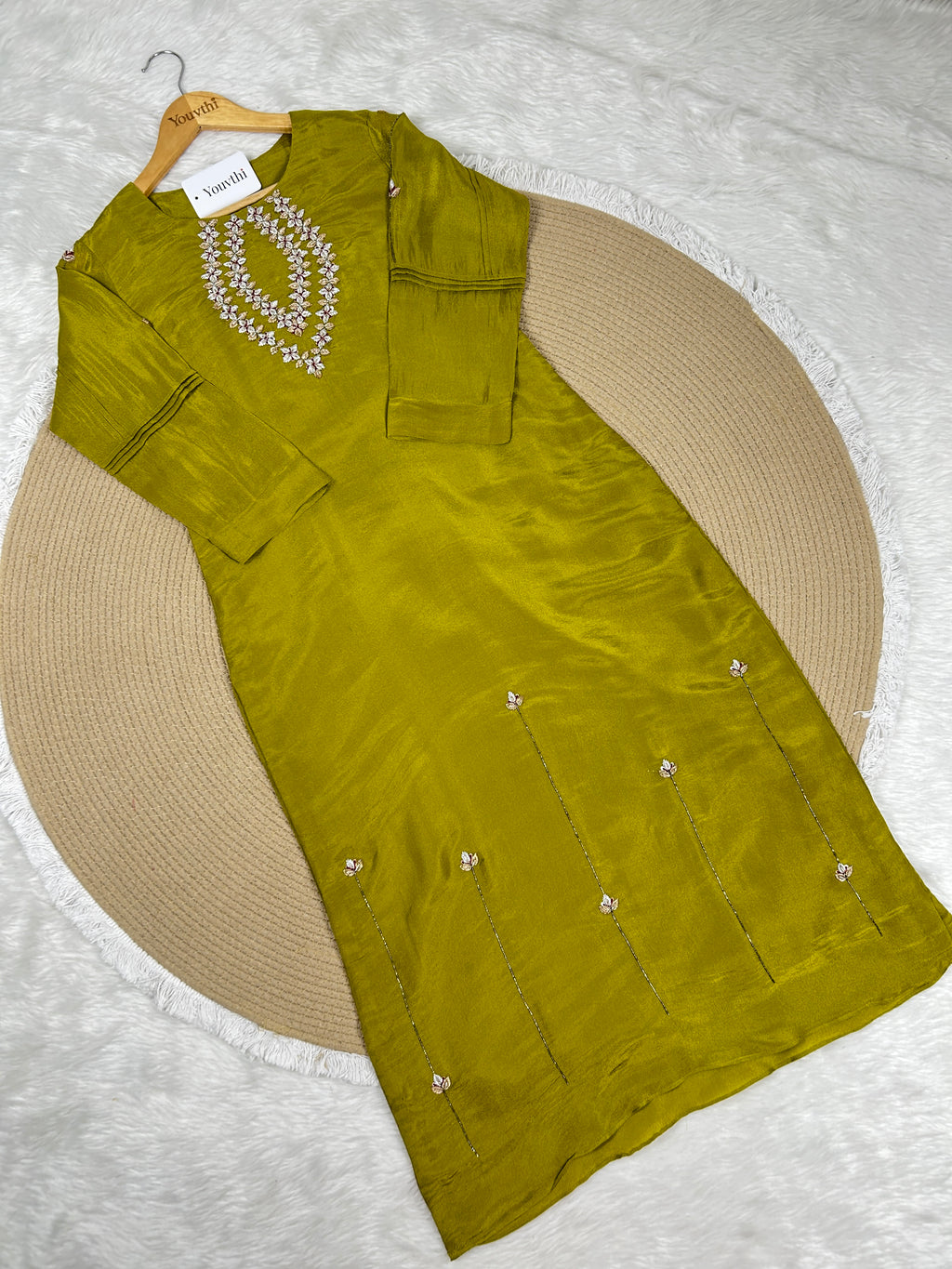 Olive Green Tissue Kurti Suit With Zardozi Work