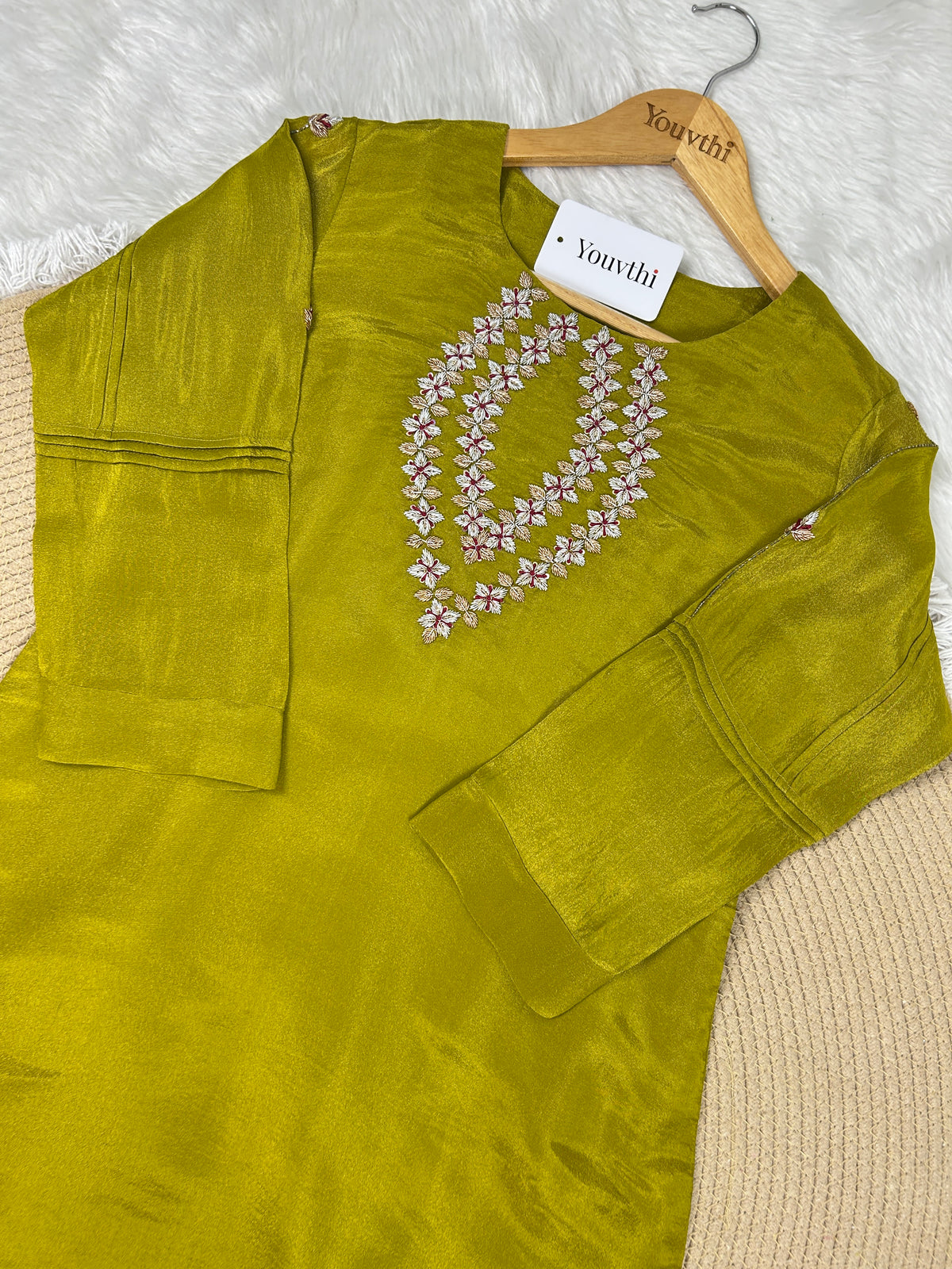 Olive Green Tissue Kurti Suit With Zardozi Work