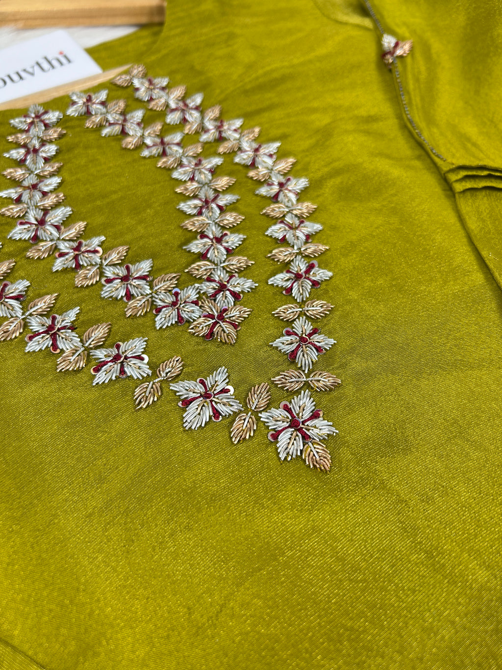 Olive Green Tissue Kurti Suit With Zardozi Work
