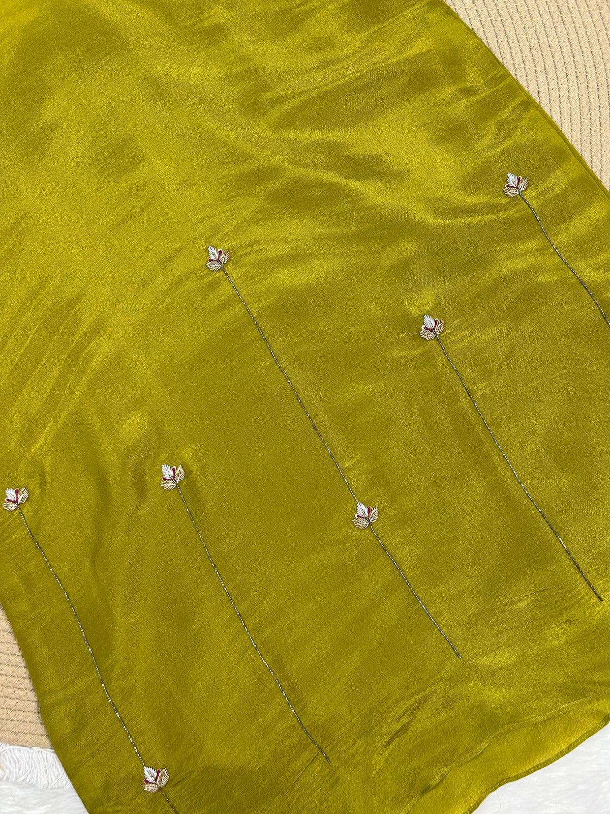 Olive Green Tissue Kurti Suit With Zardozi Work