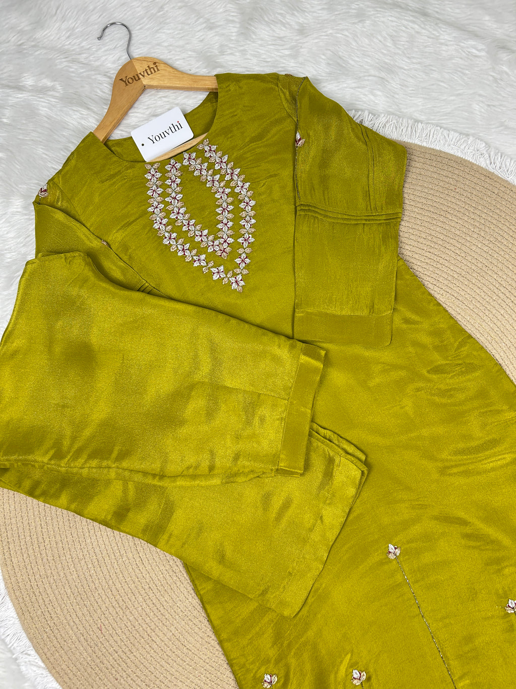 Olive Green Tissue Kurti Suit With Zardozi Work