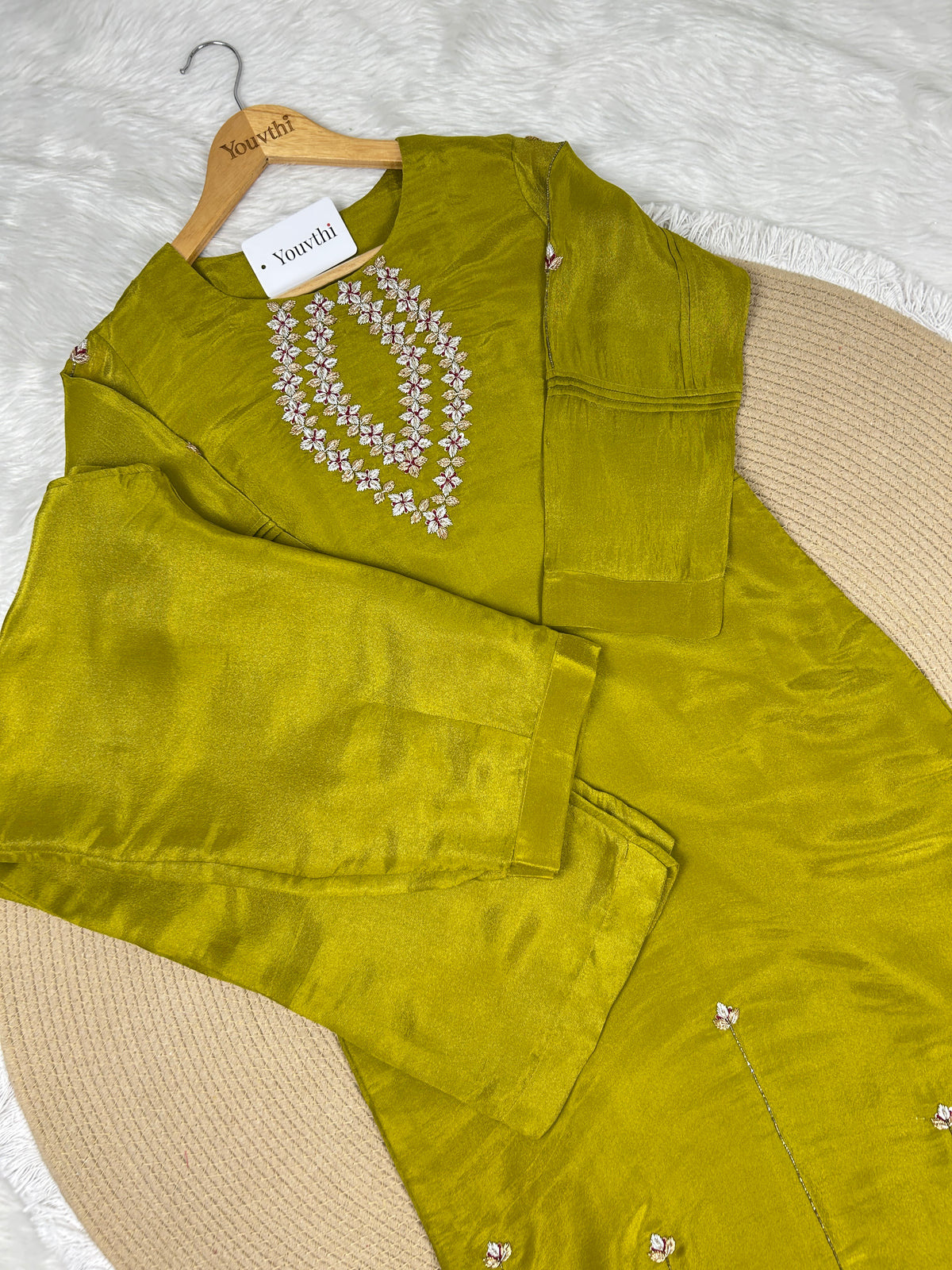 Olive Green Tissue Kurti Suit With Zardozi Work