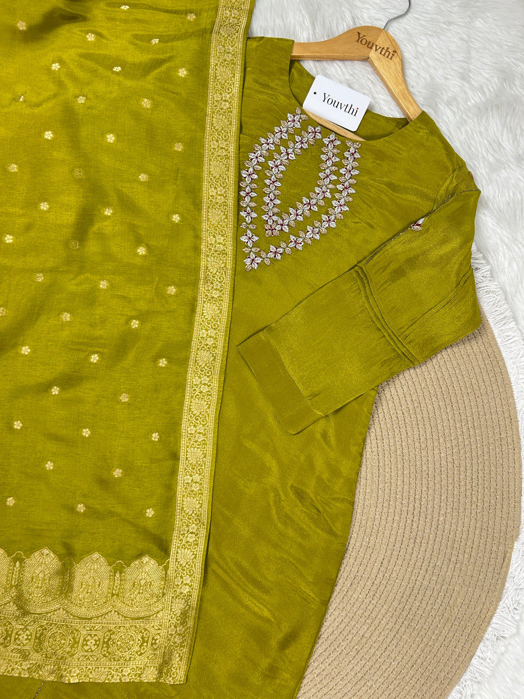 Olive Green Tissue Kurti Suit With Zardozi Work