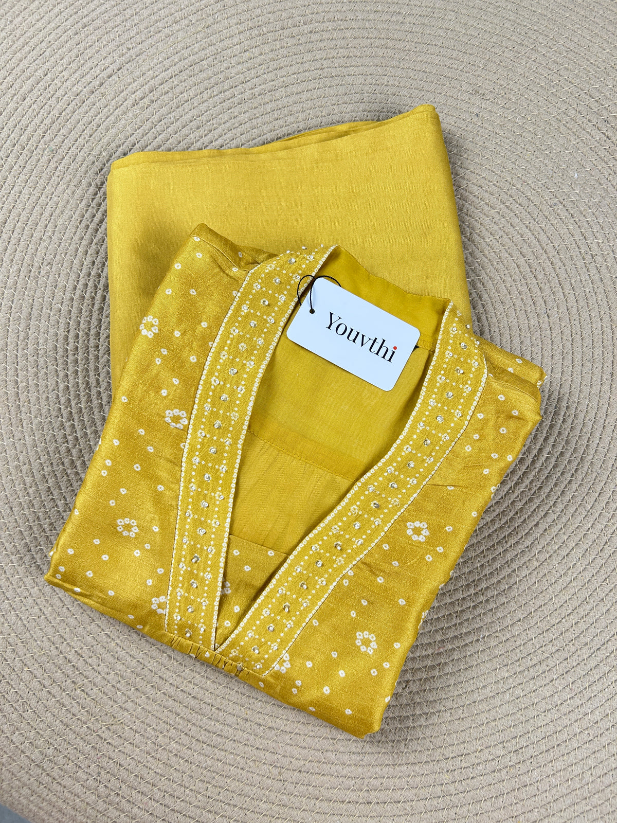 Mustard Bandhini Printed Aline Suit