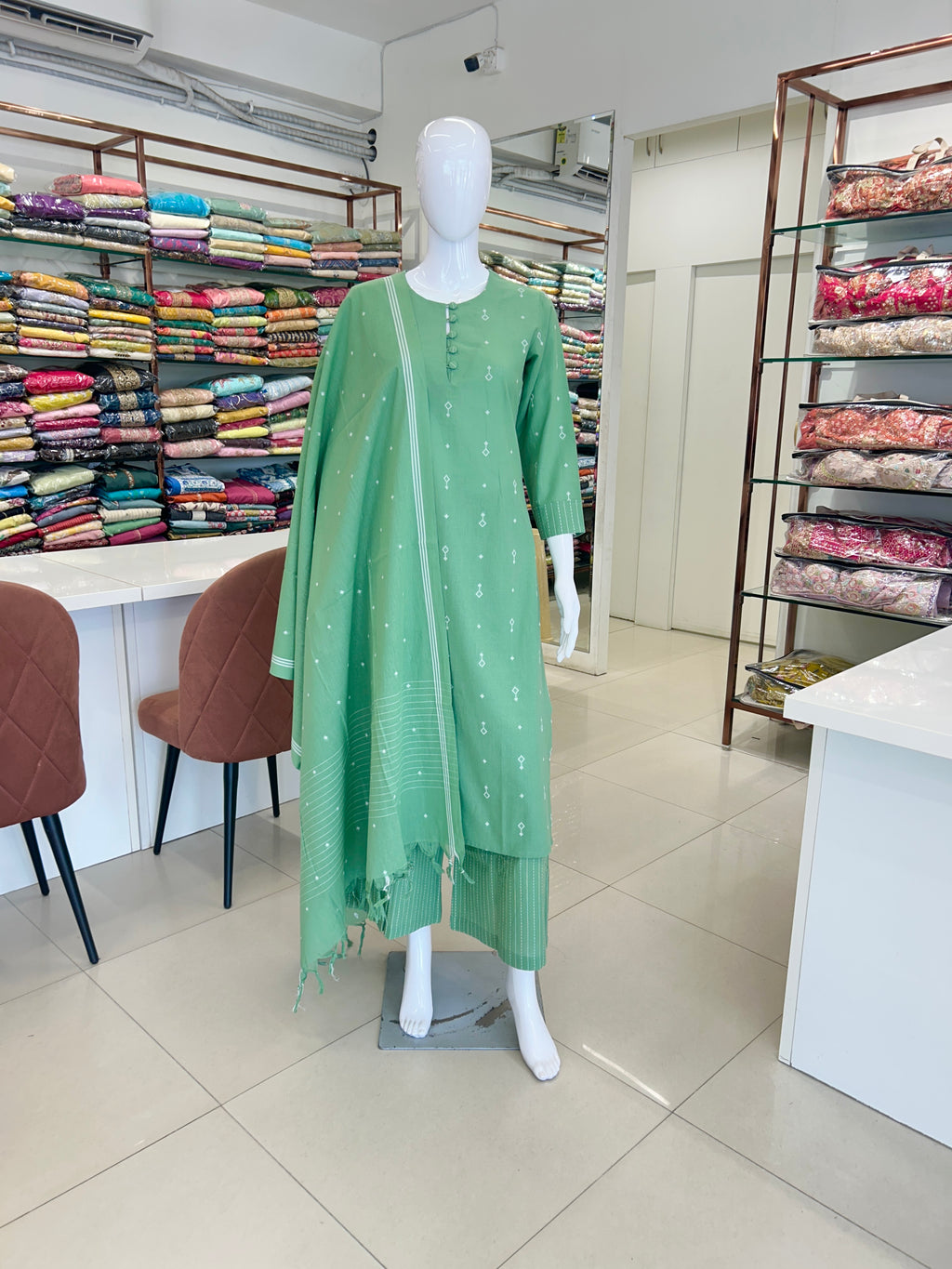 Green Cotton Straight Cut Kurti Set
