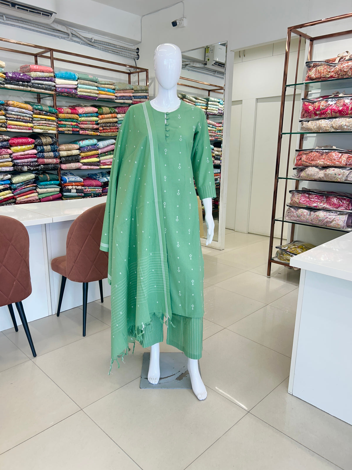 Green Cotton Straight Cut Kurti Set