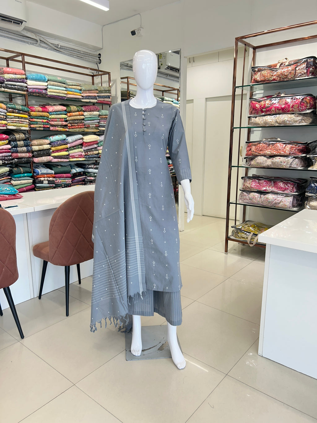 Grey Cotton Straight Cut Kurti Set