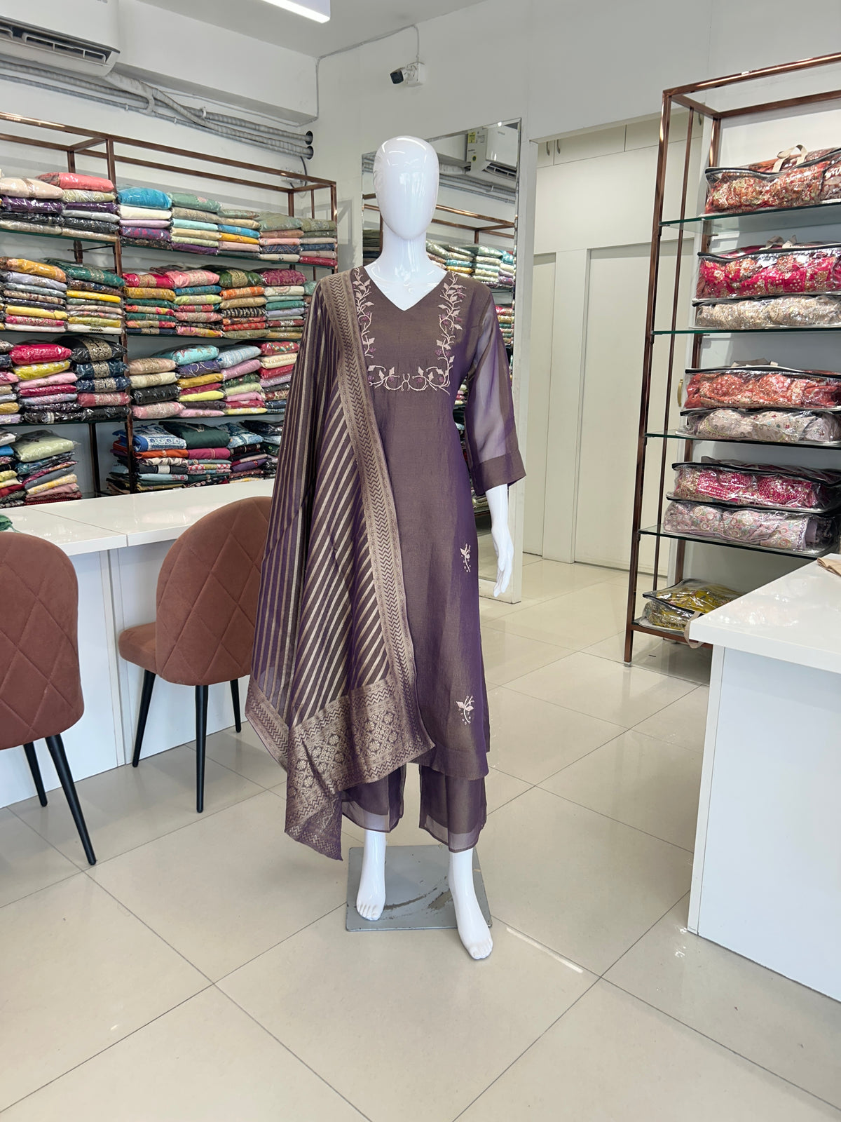 Mauve Crushed Tissue Silk A-Line Suit