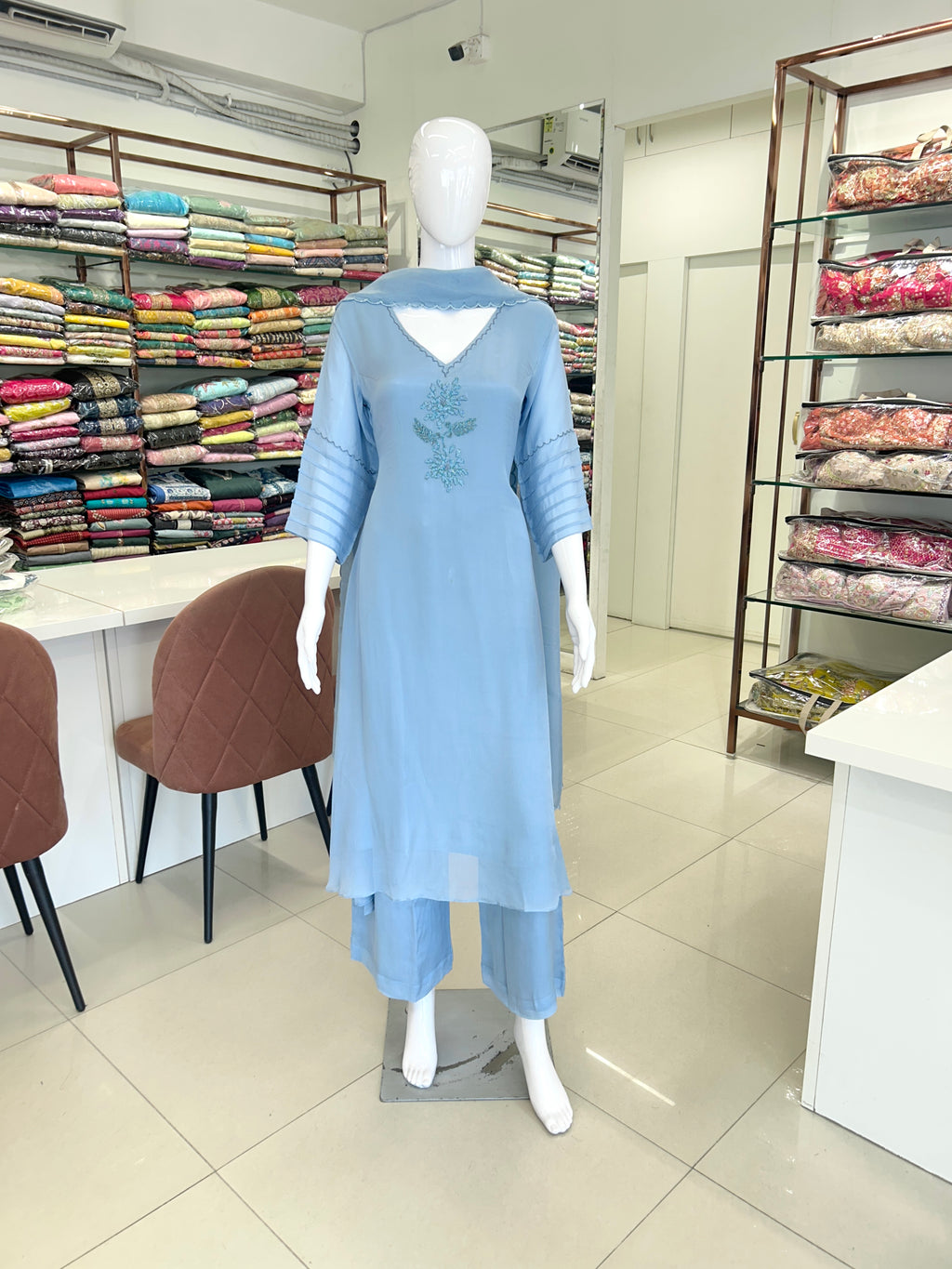 Sky Blue Chinnon A-Line Suit