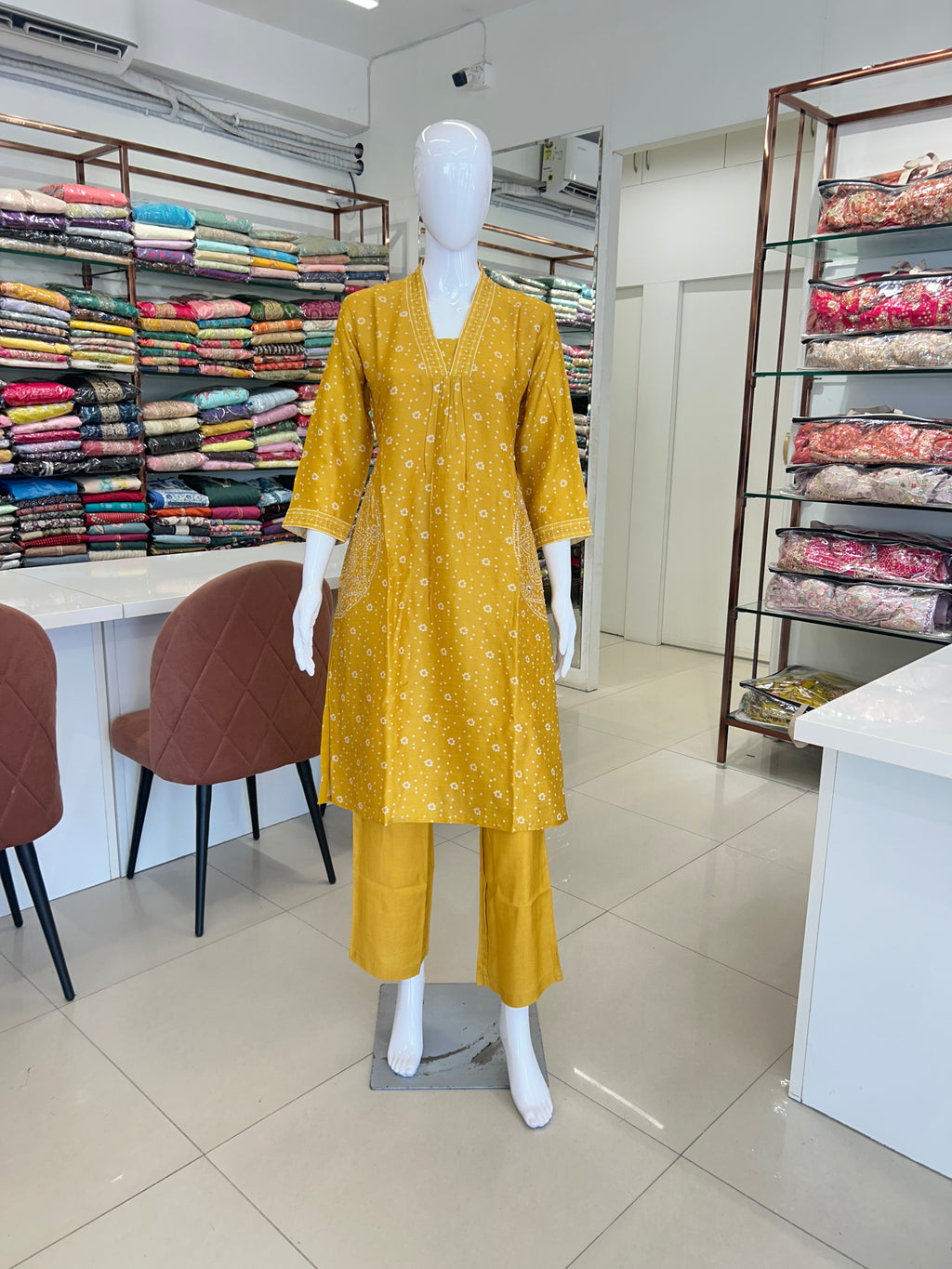 Mustard Bandhini Printed Aline Suit