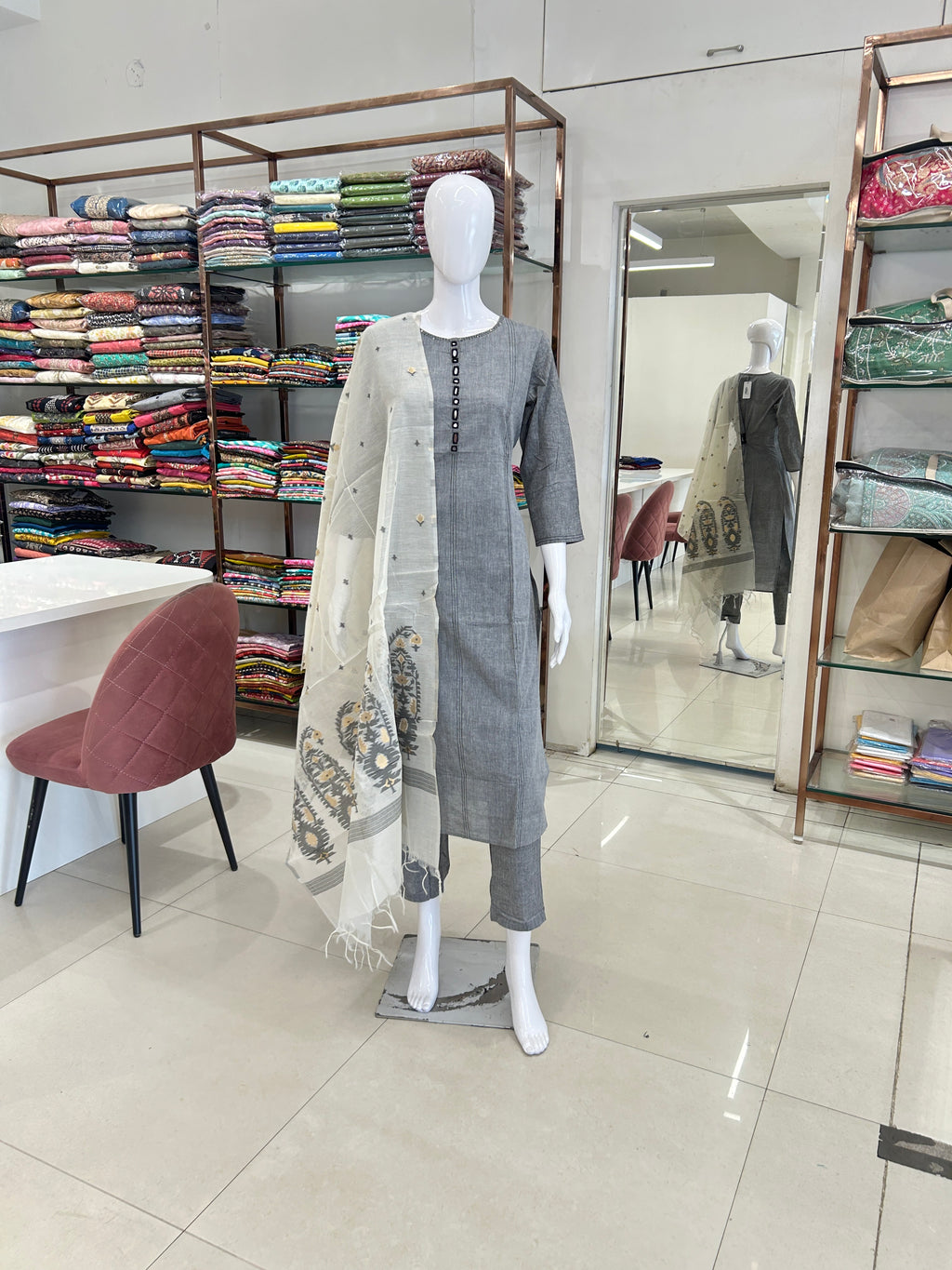 Grey Cotton Kurti Set