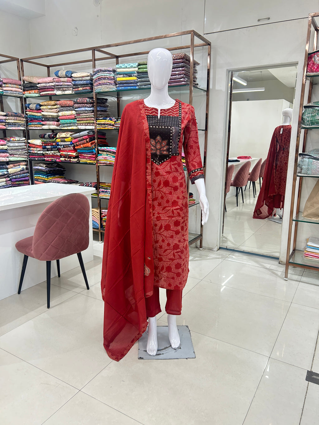 Red Cotton Kurti Set