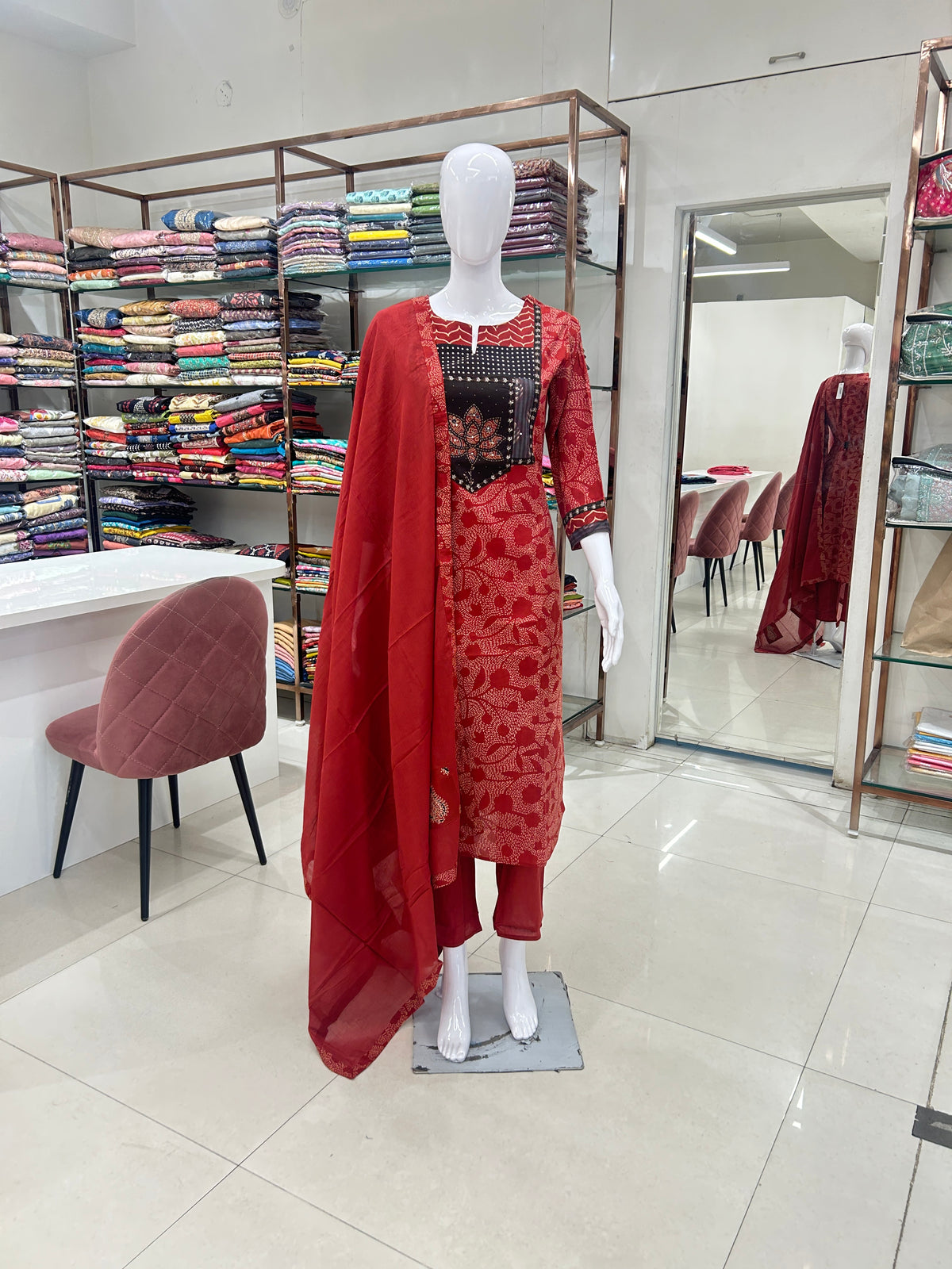 Red Cotton Kurti Set