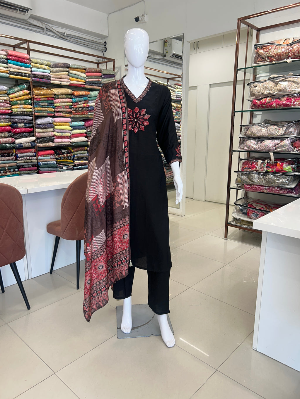 Black Muslin Aline Suit
