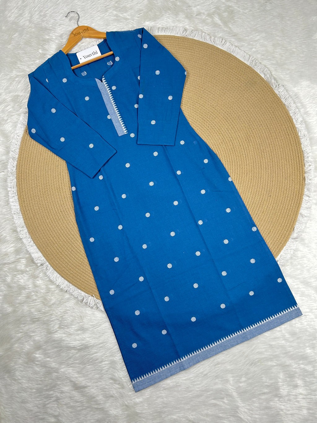 Blue Cotton Straight Cut Kurti Set