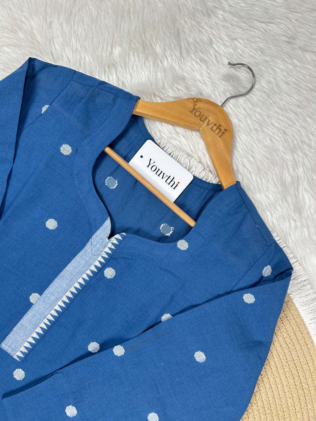 Blue Cotton Straight Cut Kurti Set