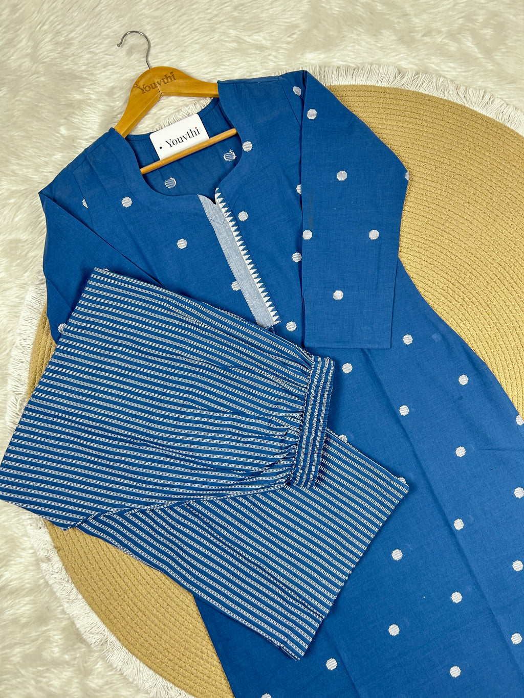 Blue Cotton Straight Cut Kurti Set