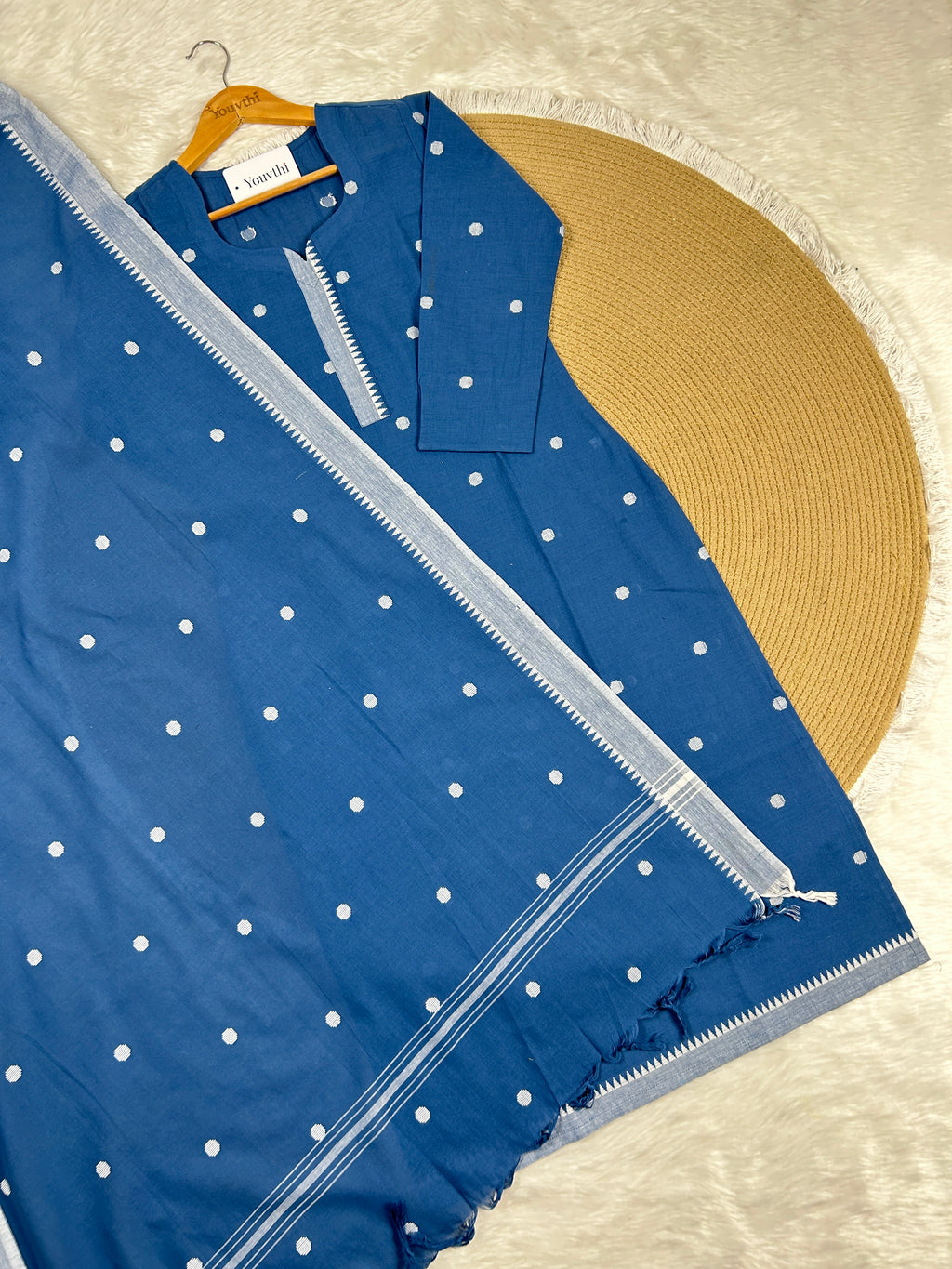 Blue Cotton Straight Cut Kurti Set