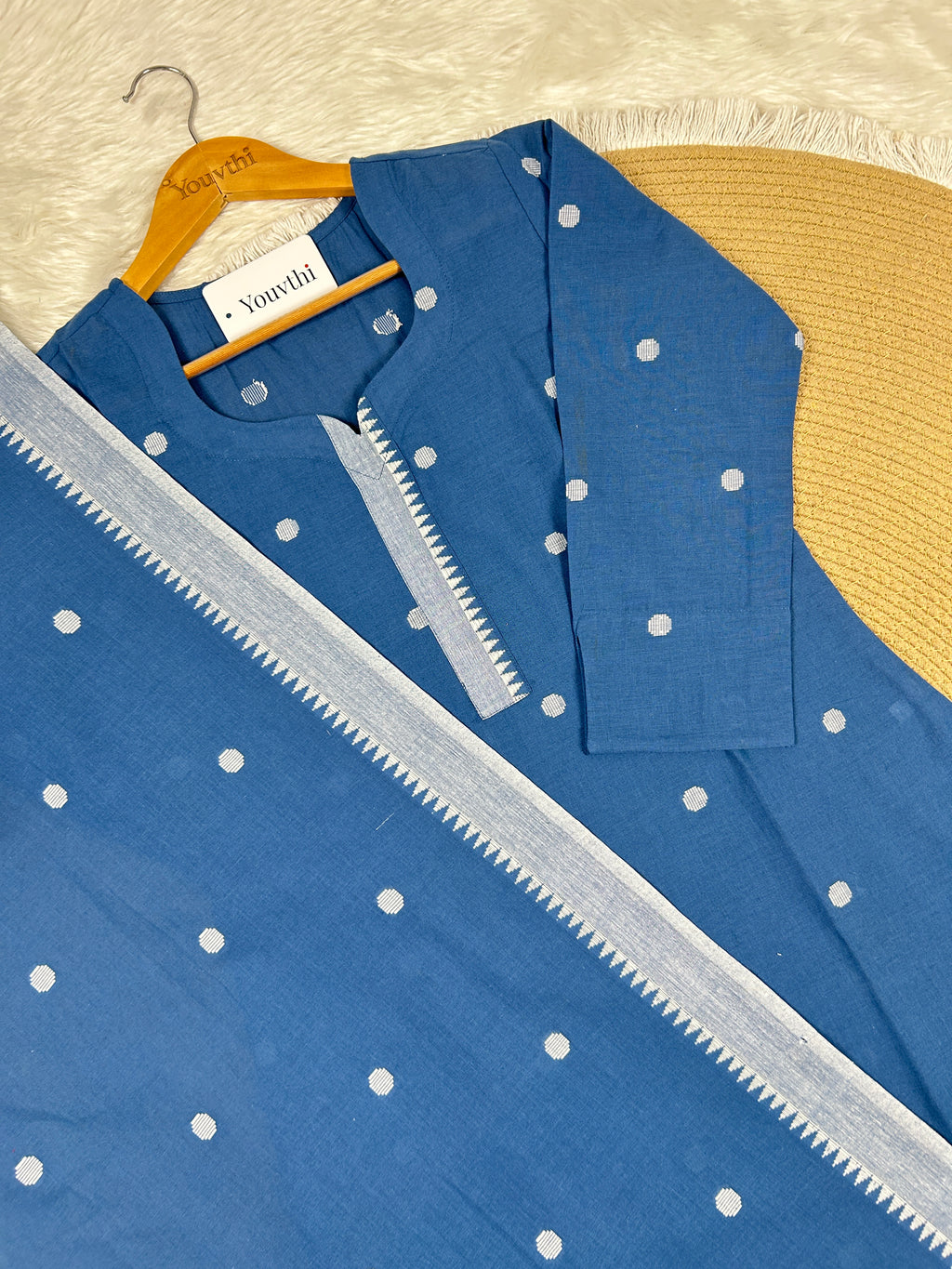Blue Cotton Straight Cut Kurti Set