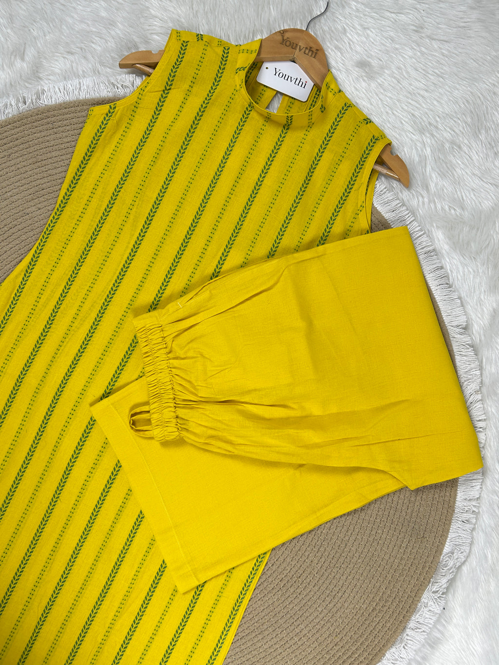 Lemon Yellow Cotton Straight Cut Kurti Set