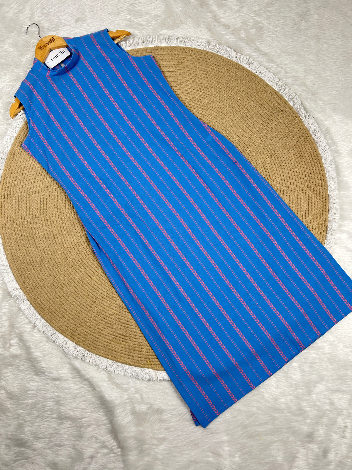 Blue Cotton Straight Cut Kurti Set