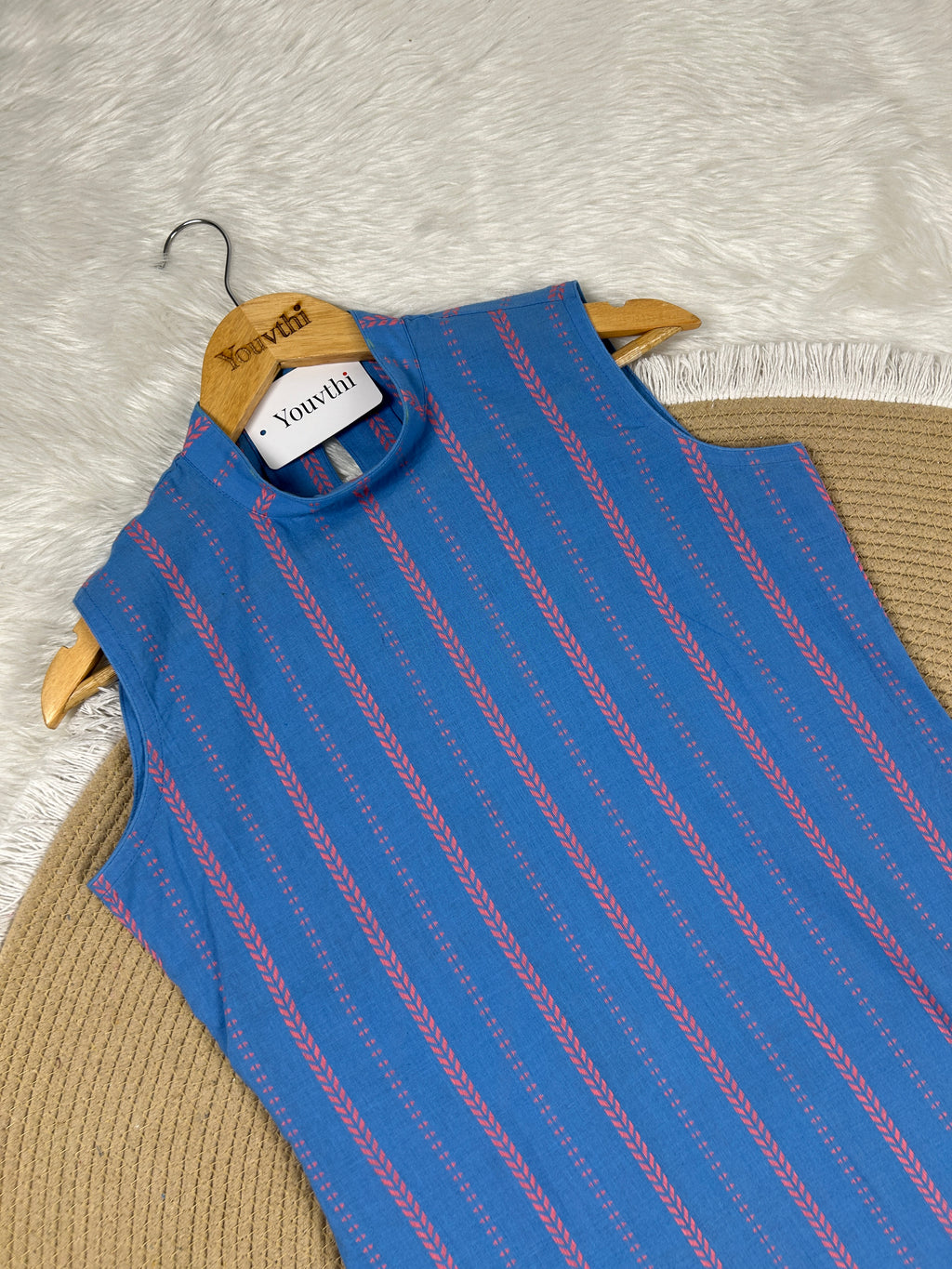 Blue Cotton Straight Cut Kurti Set