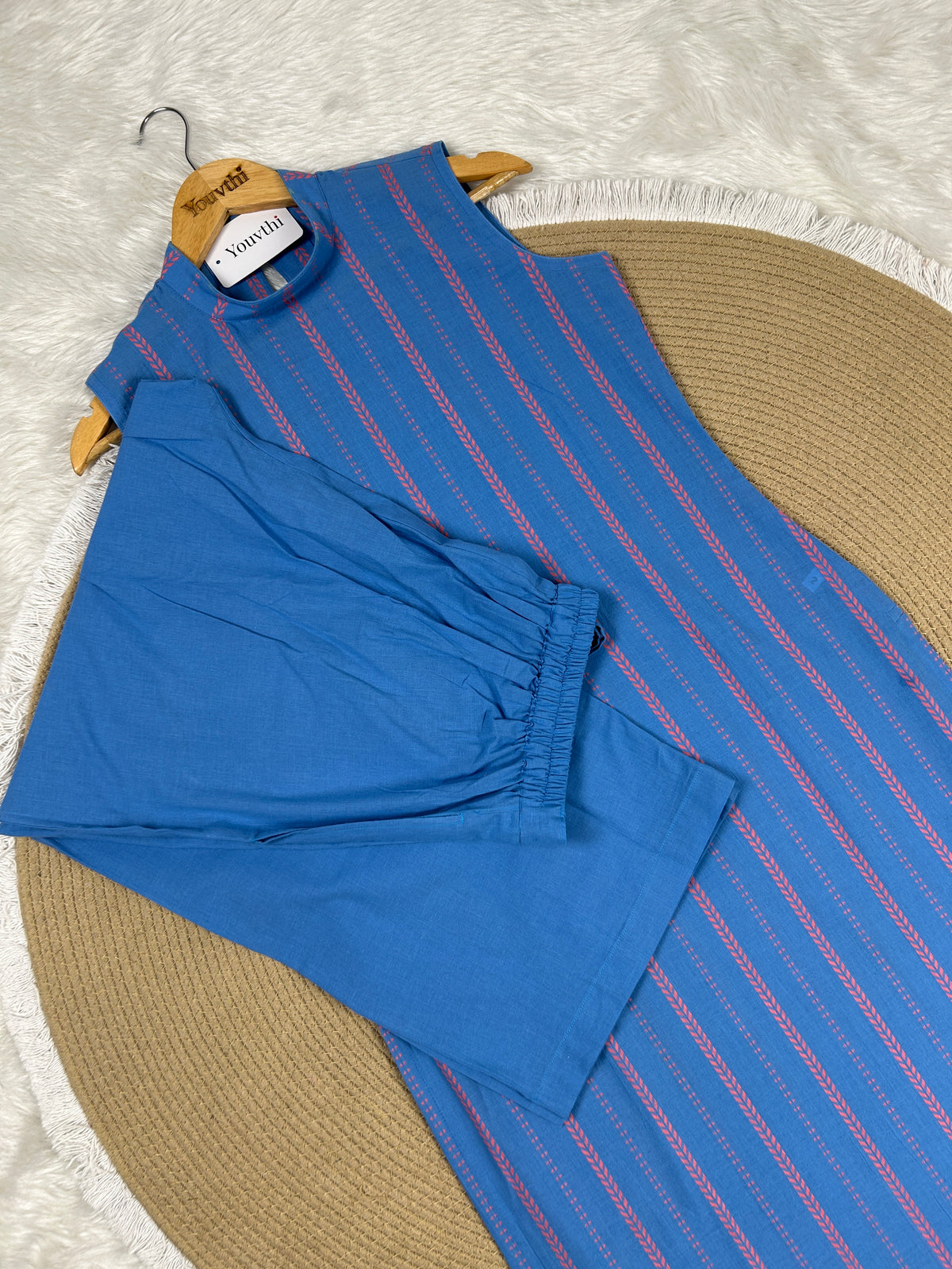 Blue Cotton Straight Cut Kurti Set