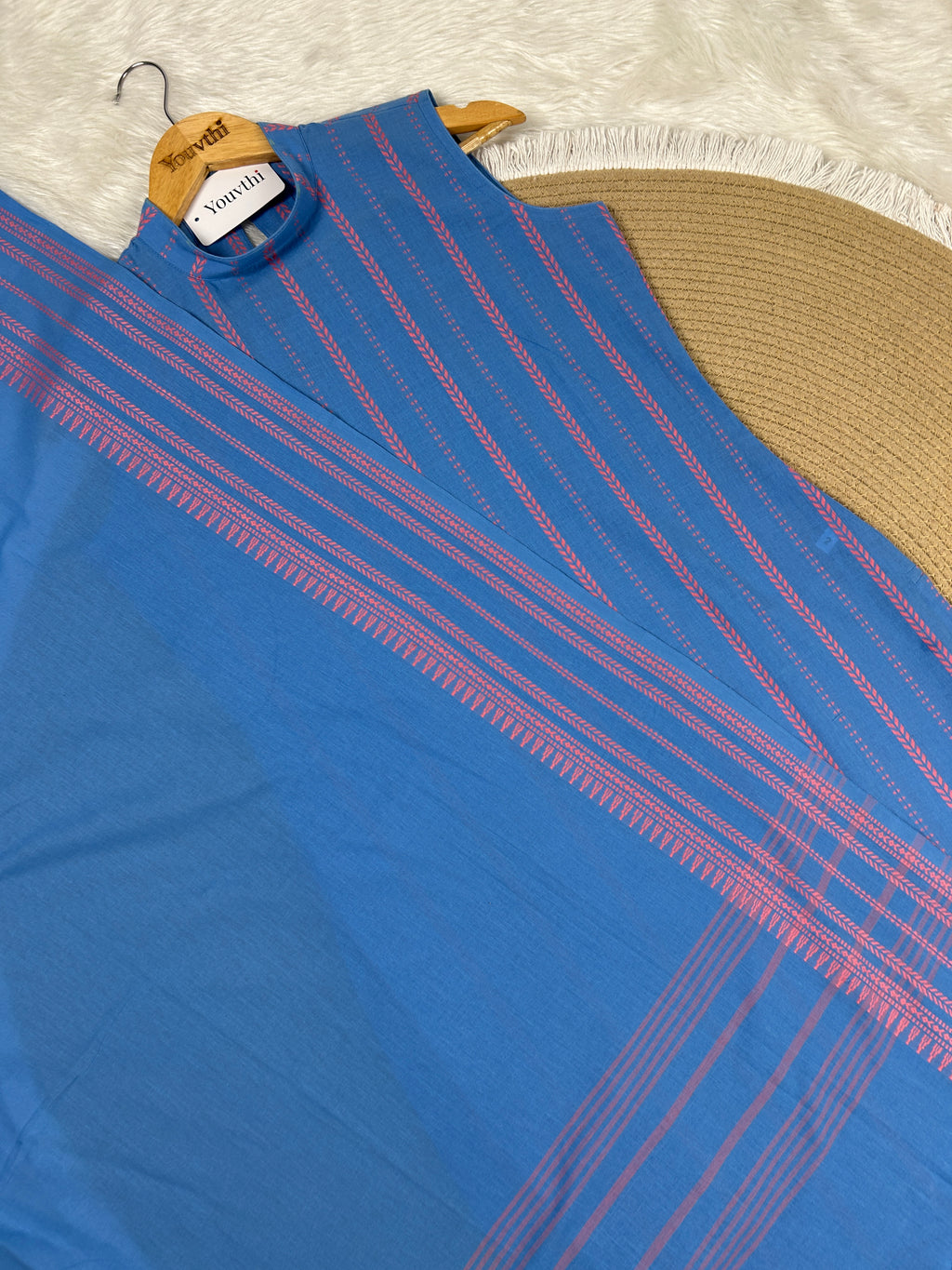 Blue Cotton Straight Cut Kurti Set