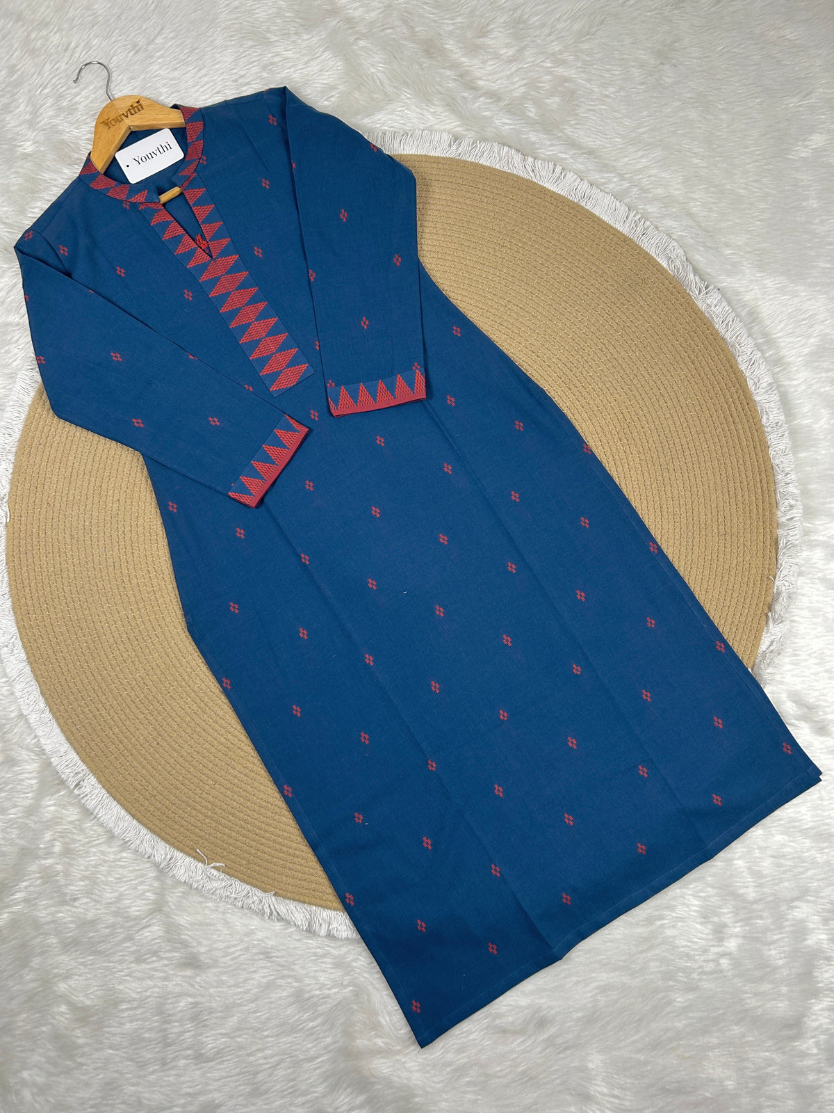 Blue Cotton Straight Cut Kurti Set
