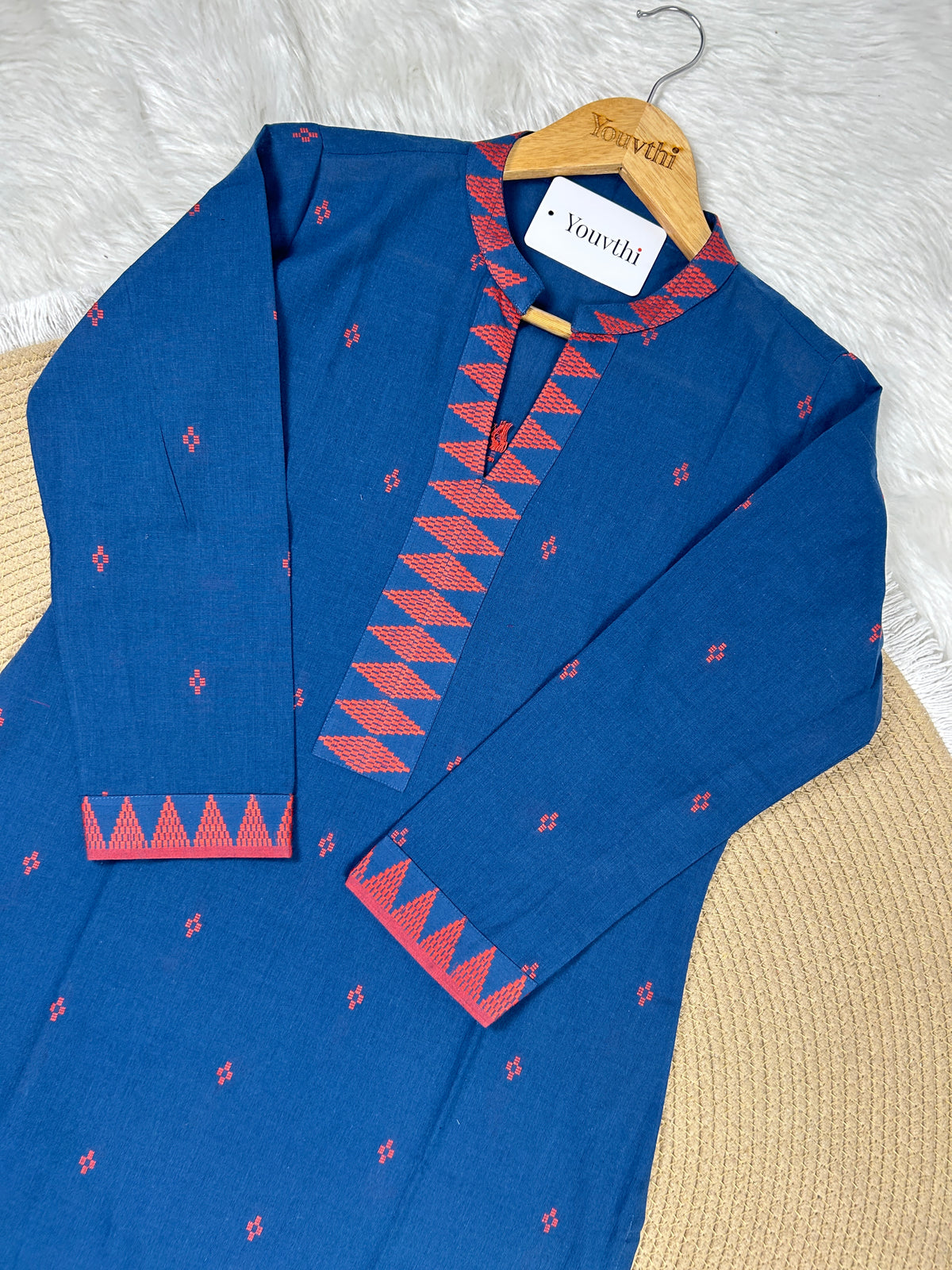 Blue Cotton Straight Cut Kurti Set