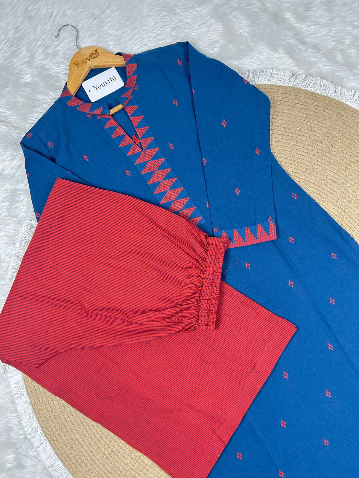 Blue Cotton Straight Cut Kurti Set
