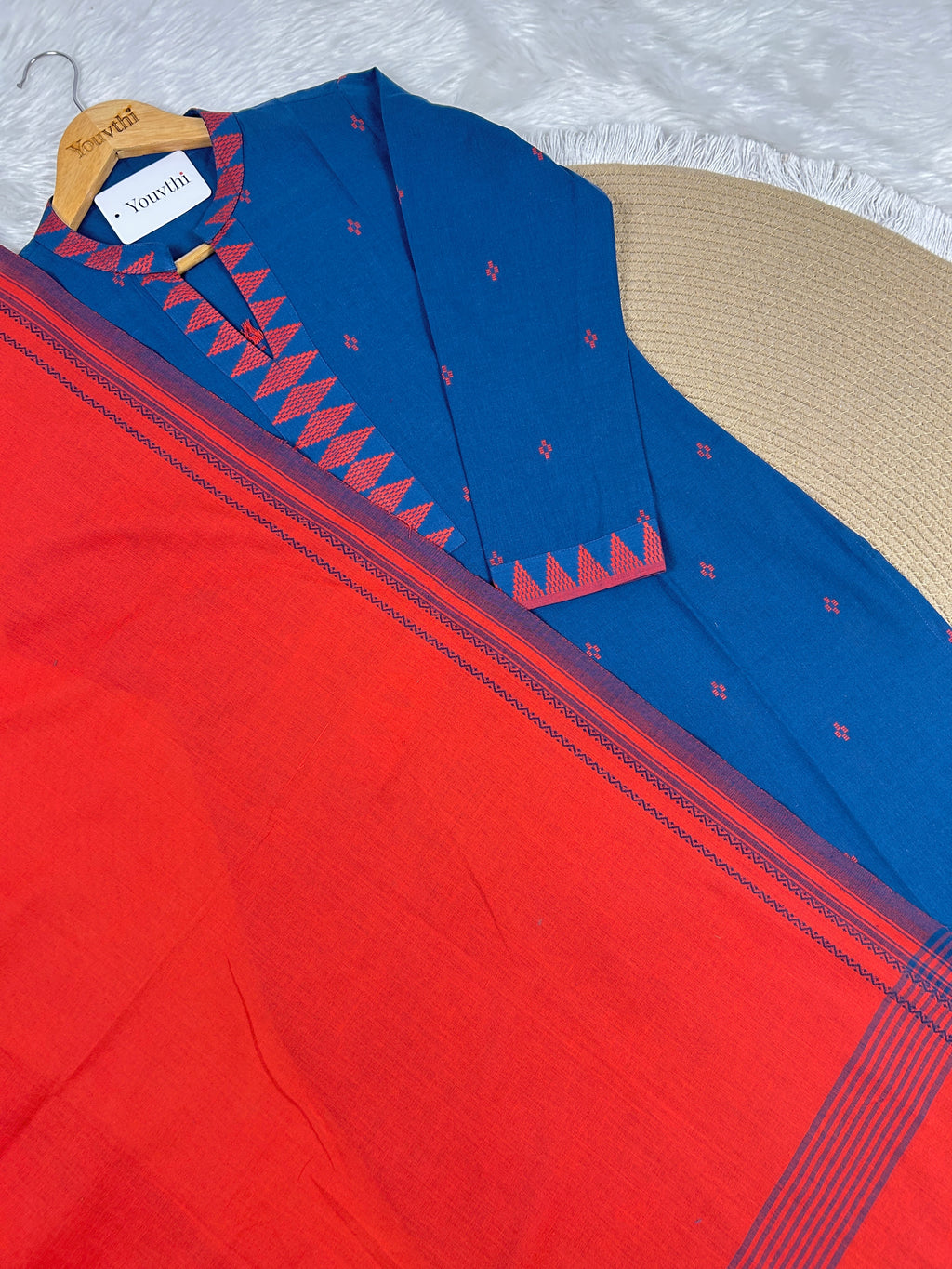 Blue Cotton Straight Cut Kurti Set