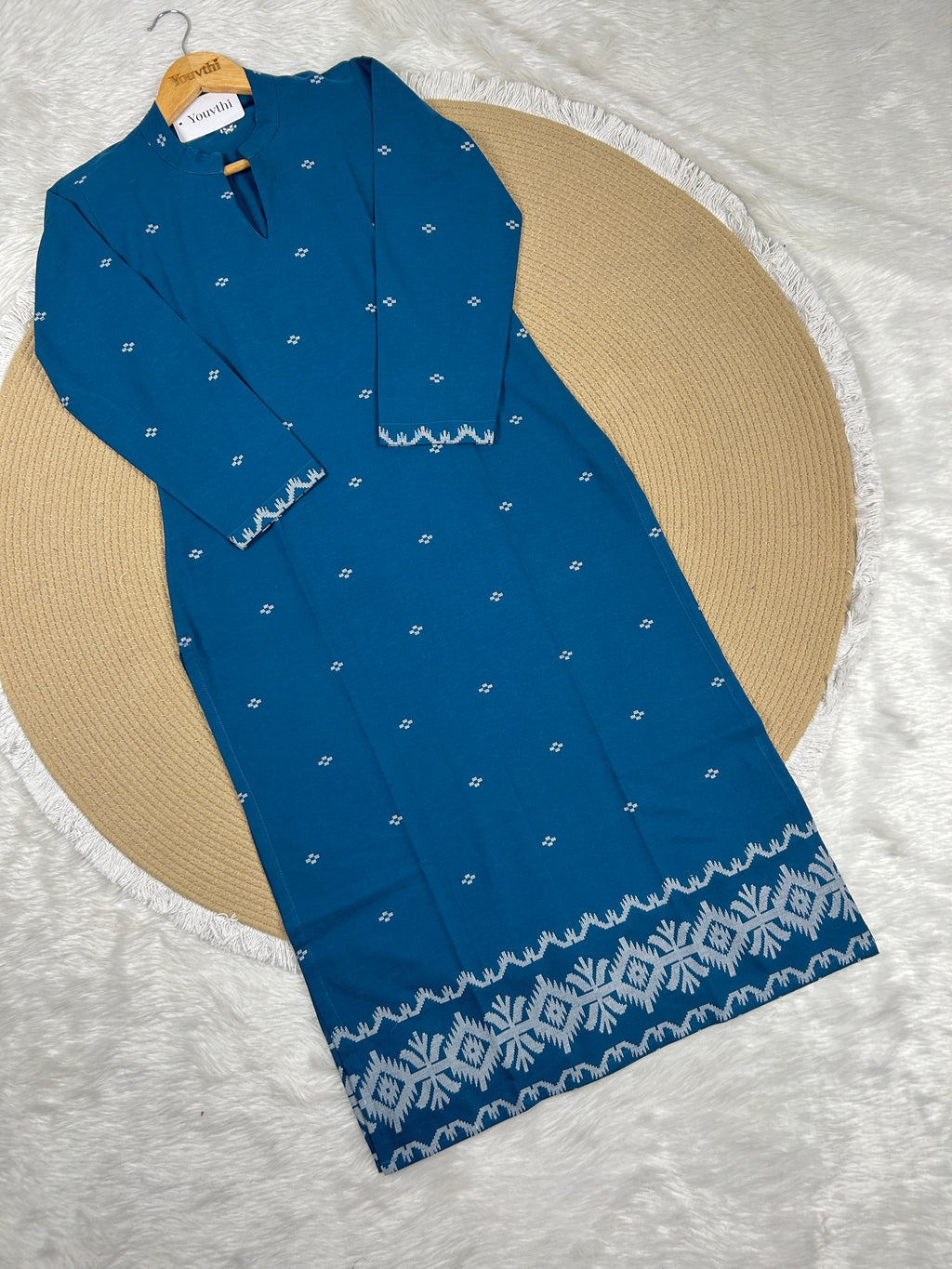 Blue Cotton Straight Cut Kurti Set