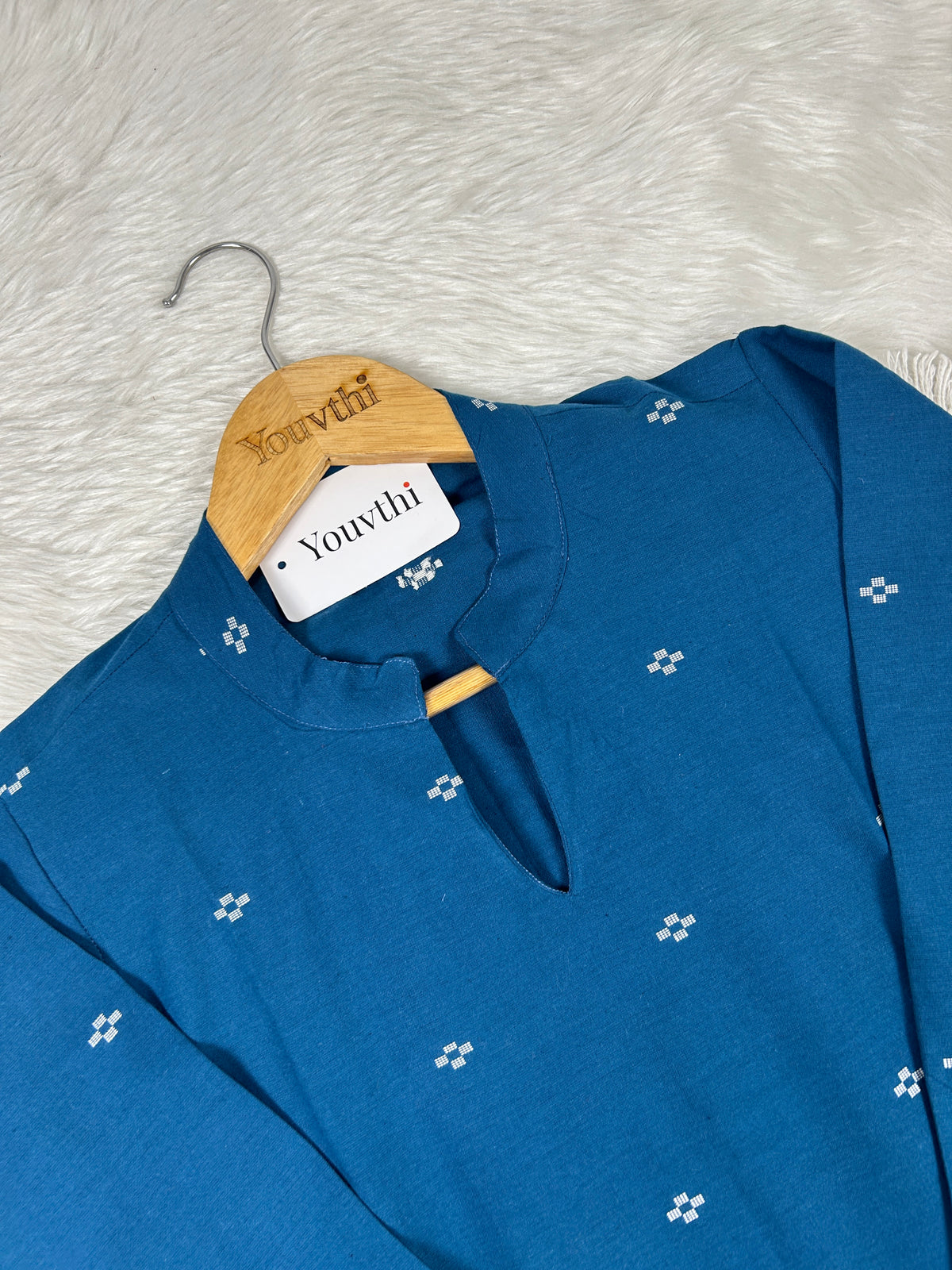Blue Cotton Straight Cut Kurti Set